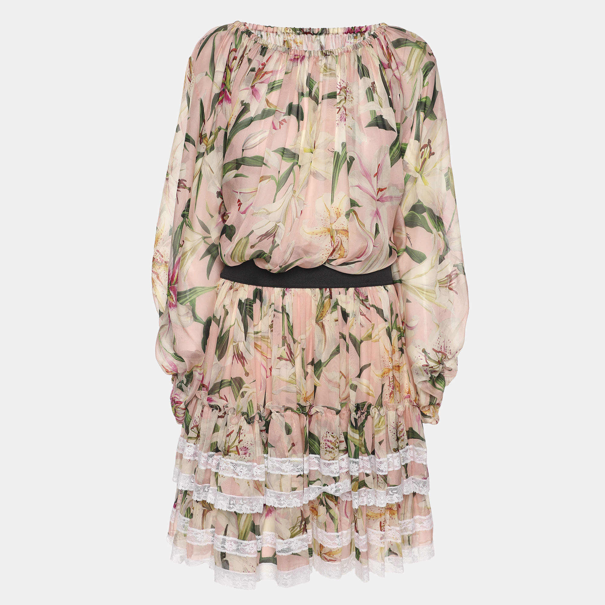 Pre Owned Dolce & Gabbana Multicolor Lily Printed Silk Ruffled Off-The-Shoulder Top and Skirt Set S