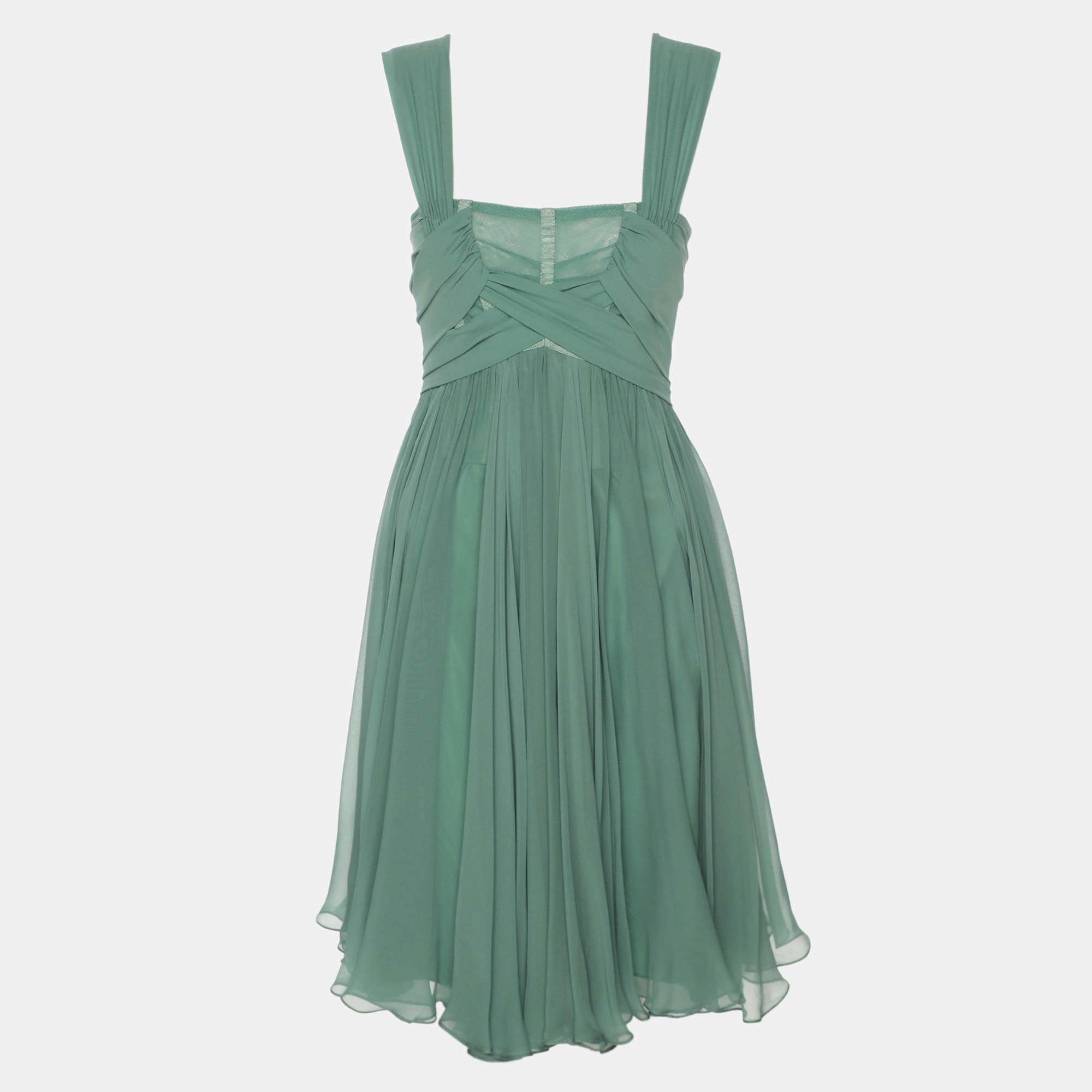 Pre Owned Dolce & Gabbana Green Pleated Chiffon Midi Dress S
