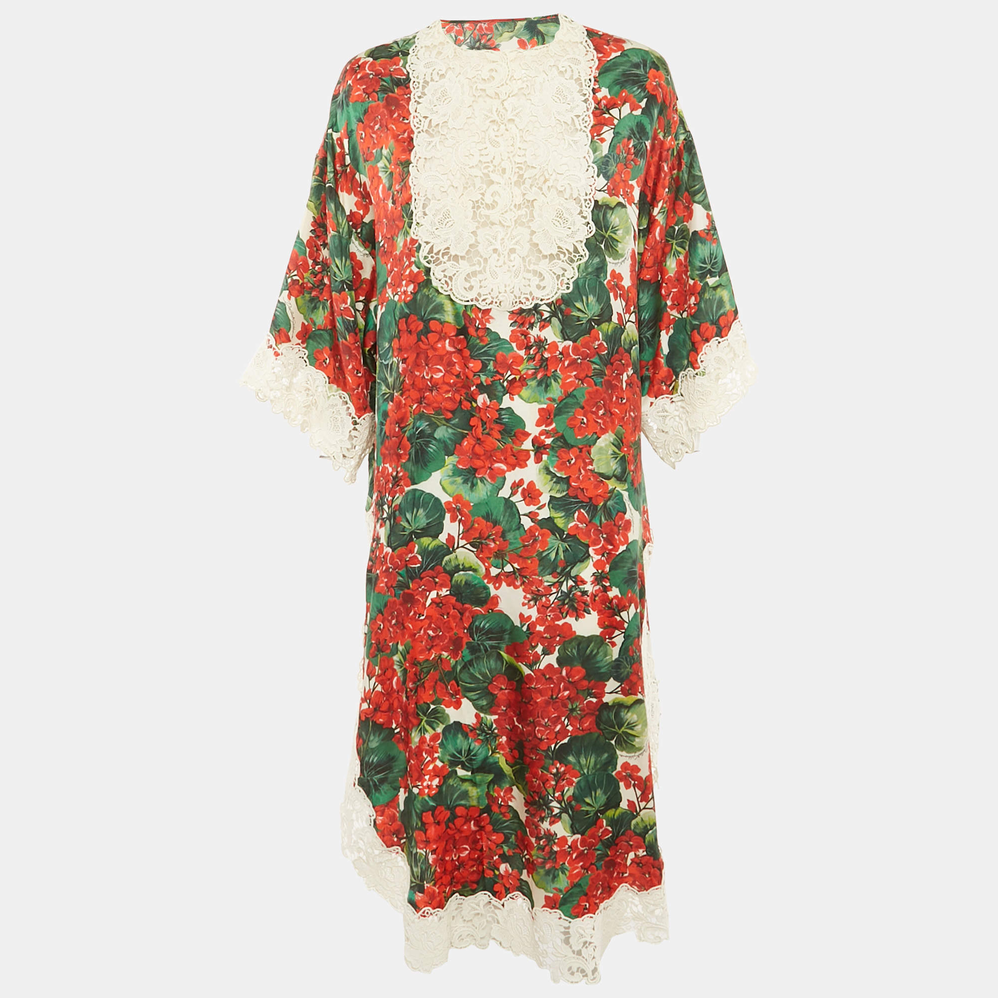 Pre Owned Dolce & Gabbana Red/Multicolor Geranium Print Silk Blend Lace Trimmed Midi Dress XS
