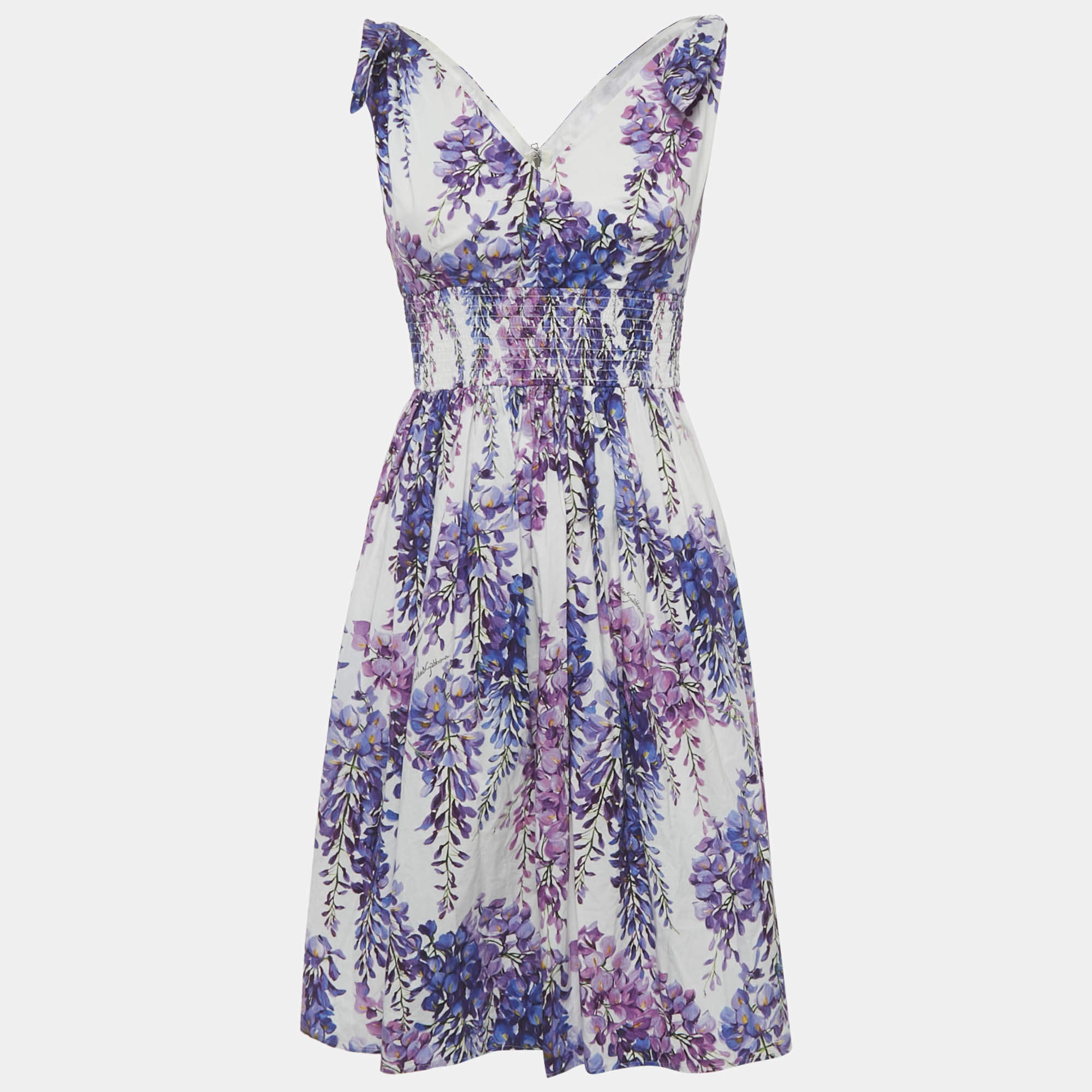 Pre Owned Dolce & Gabbana White Floral Print Cotton Tie UP Wisteria Mini Dress S