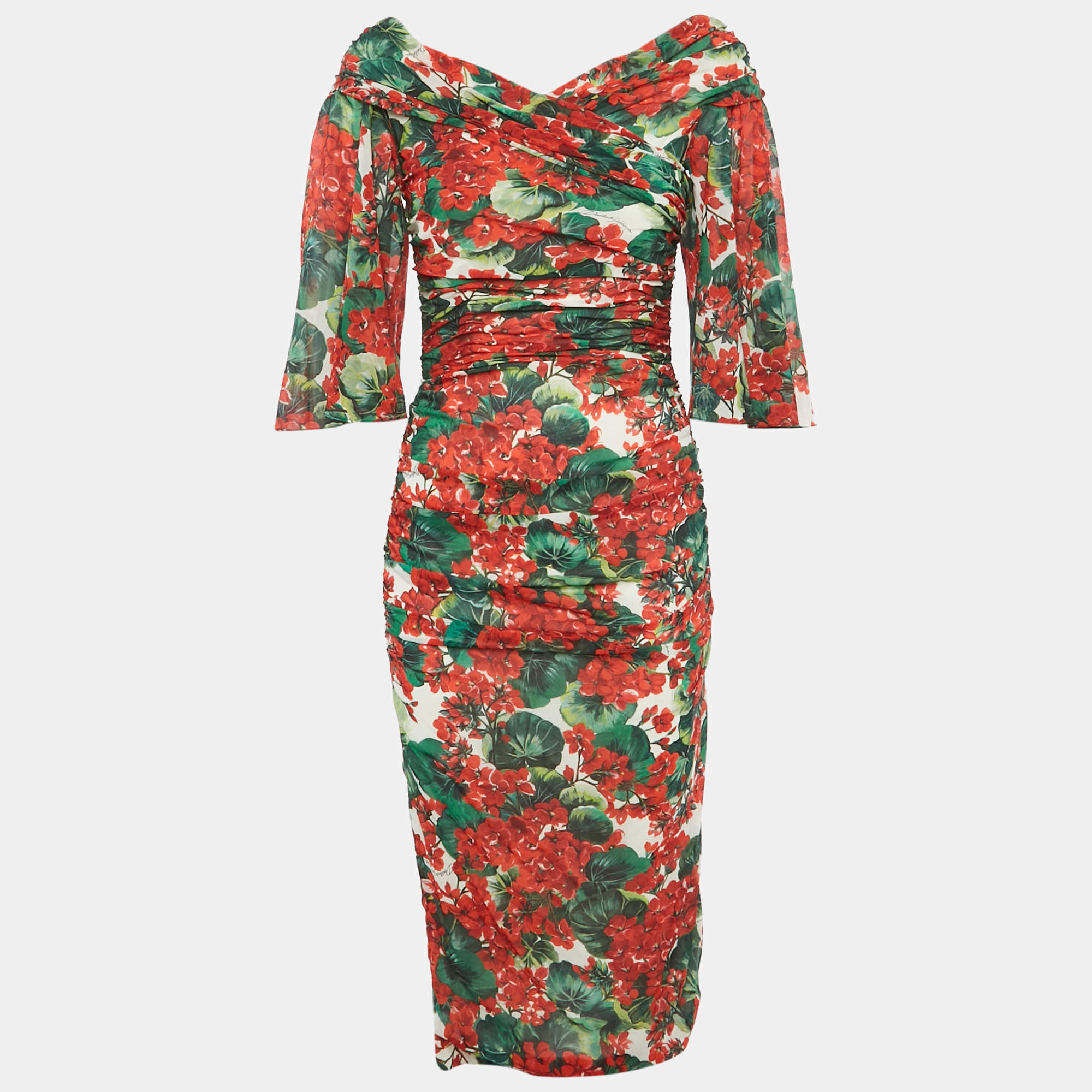 Pre Owned Dolce & Gabbana Red Geranium Print Silk Chiffon Ruched Dress S