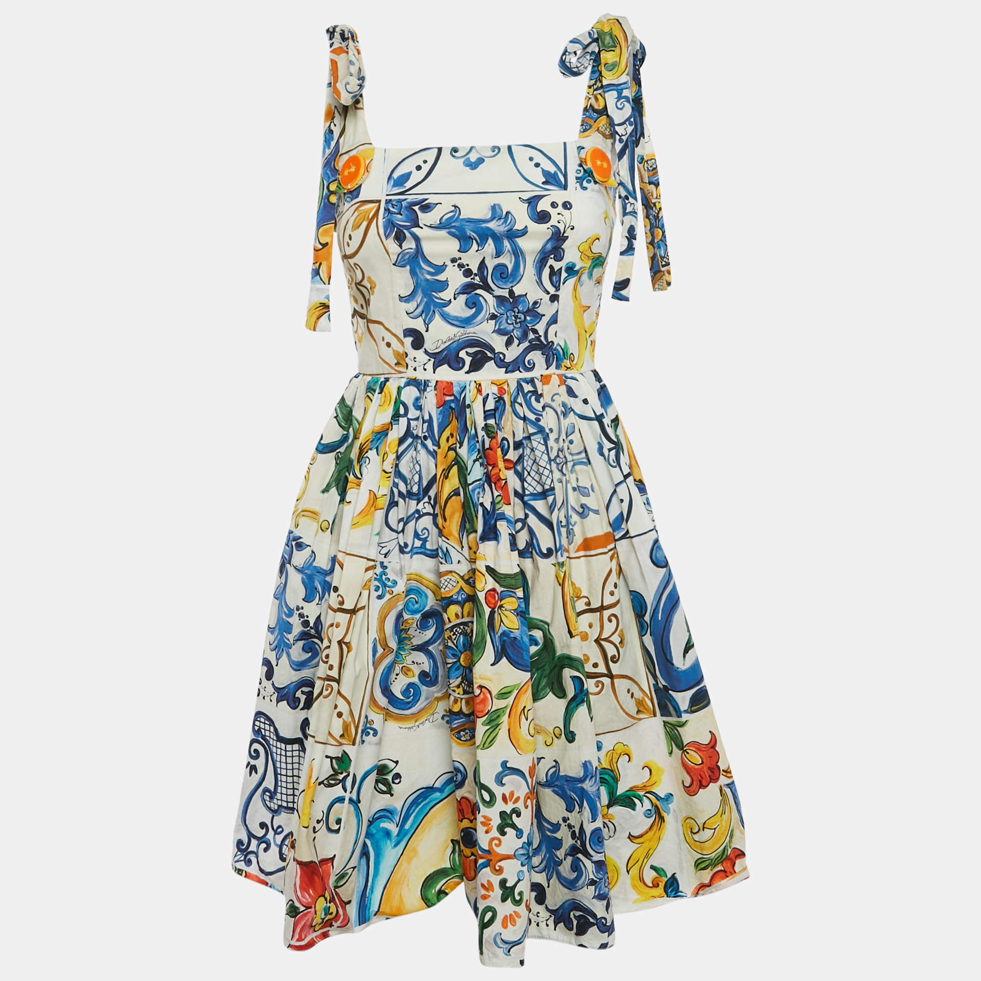 Pre Owned Dolce & Gabbana White Majolica Print Cotton Poplin Mini Dress XS