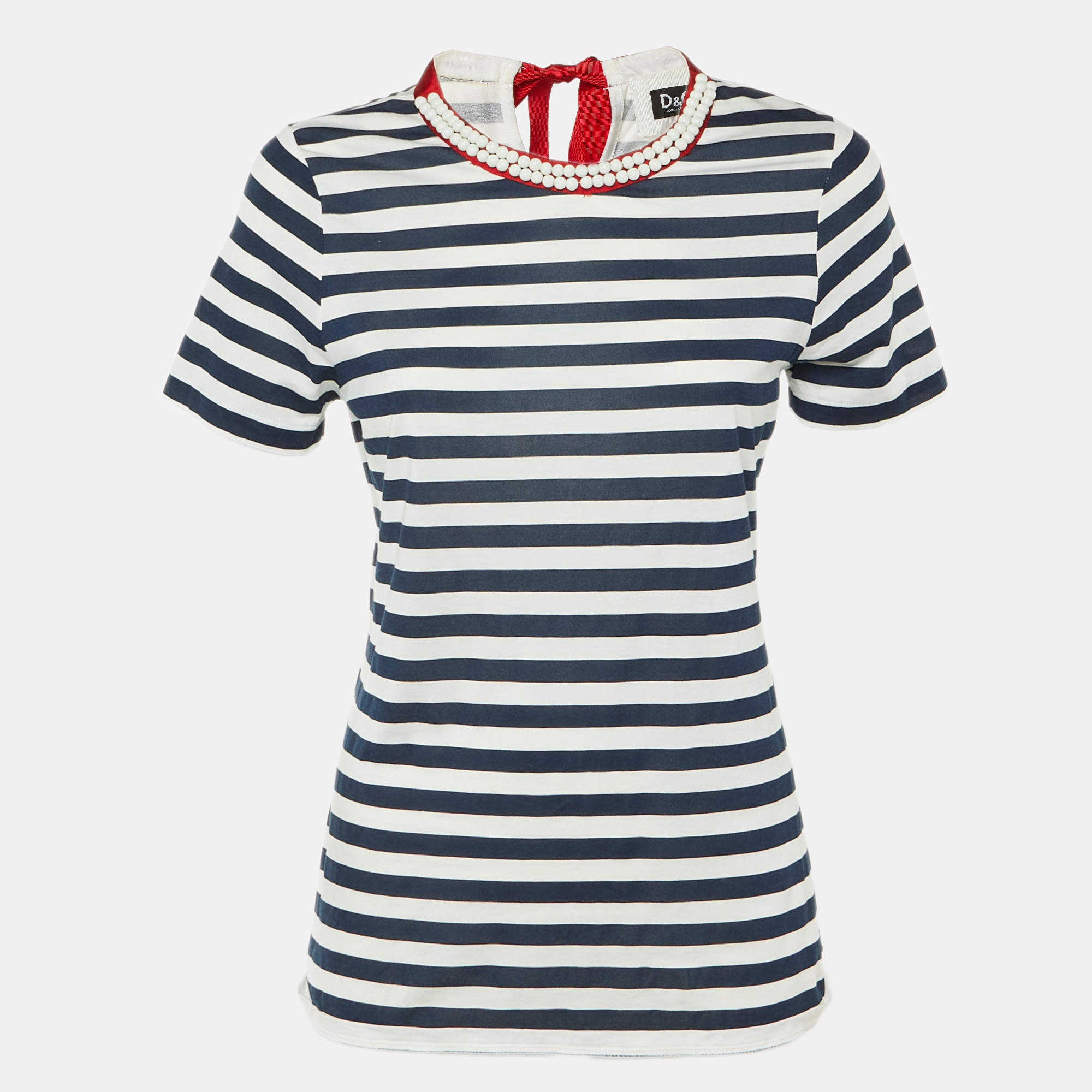 Pre Owned D&G Blue/White Stripe Cotton Beaded Top M