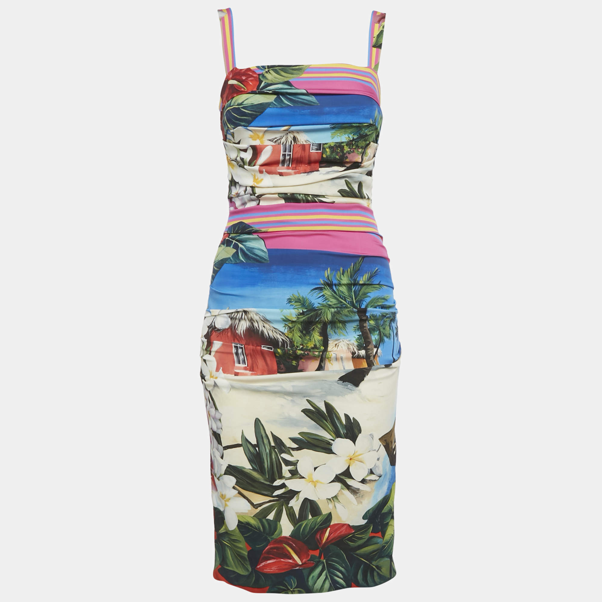 Pre Owned Dolce & Gabbana Multicolor Printed Silk Ruched Midi Dress S