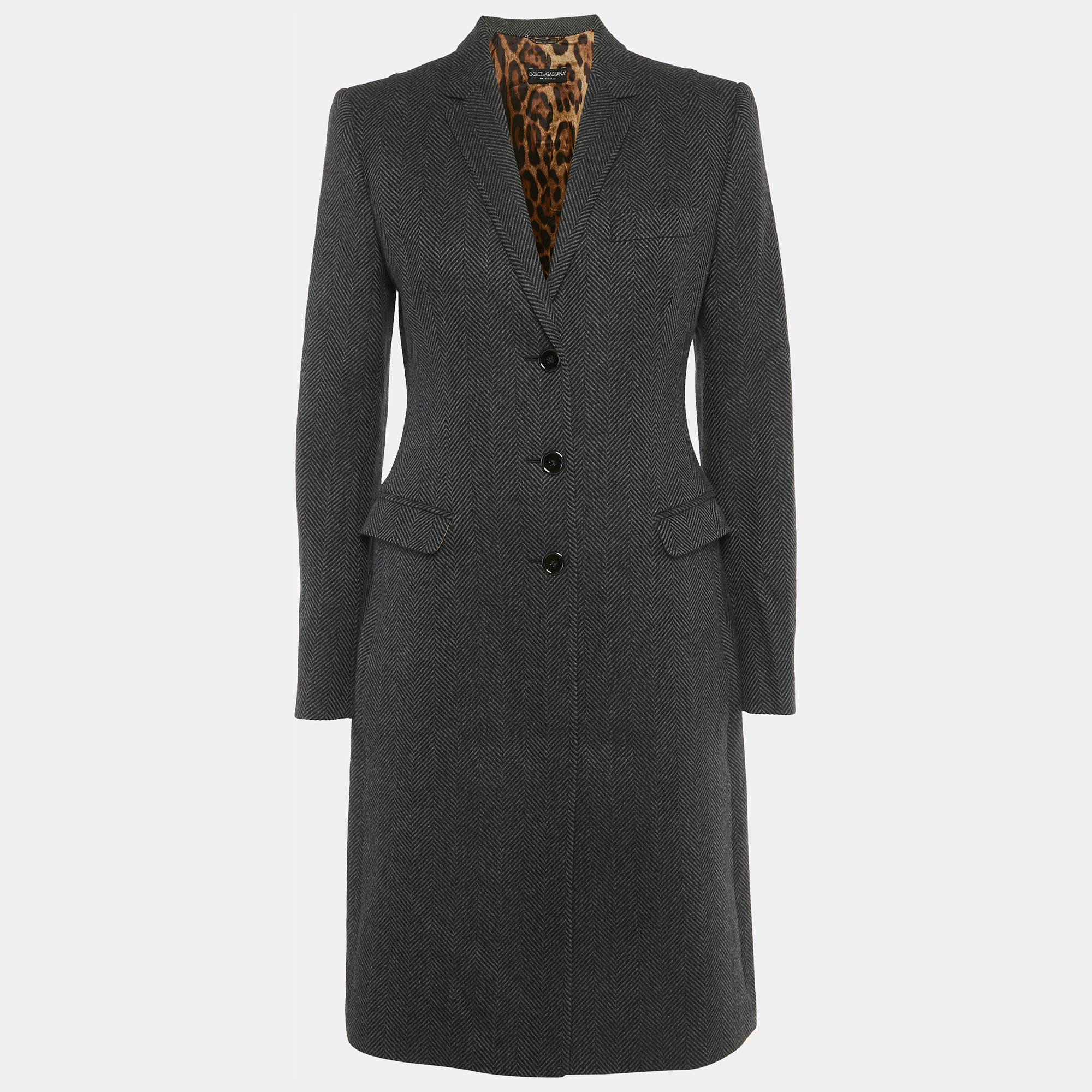 Pre Owned Dolce & Gabbana Grey Herringbone Wool Coat S
