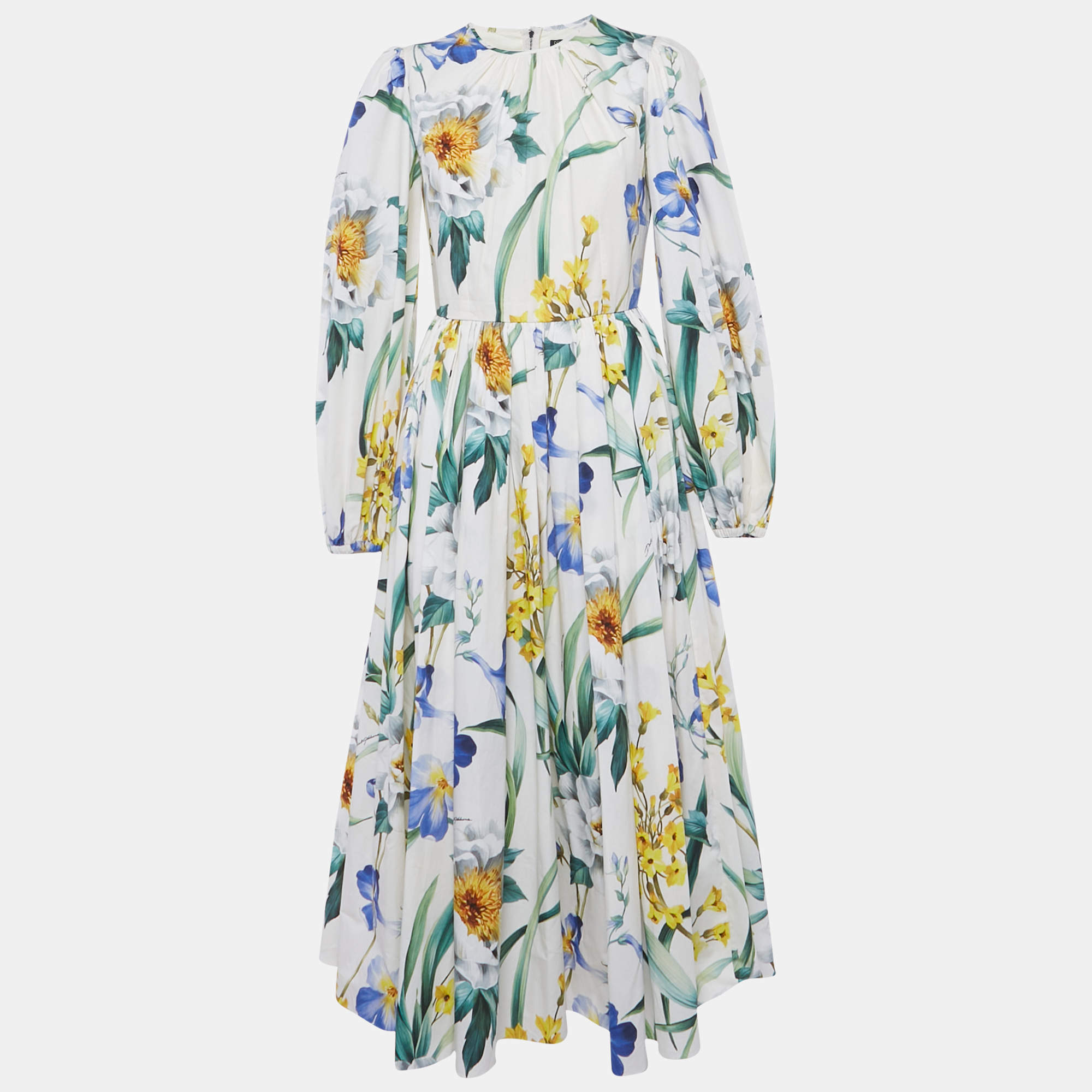 Pre Owned Dolce & Gabbana White Floral Print Cotton Midi Dress M