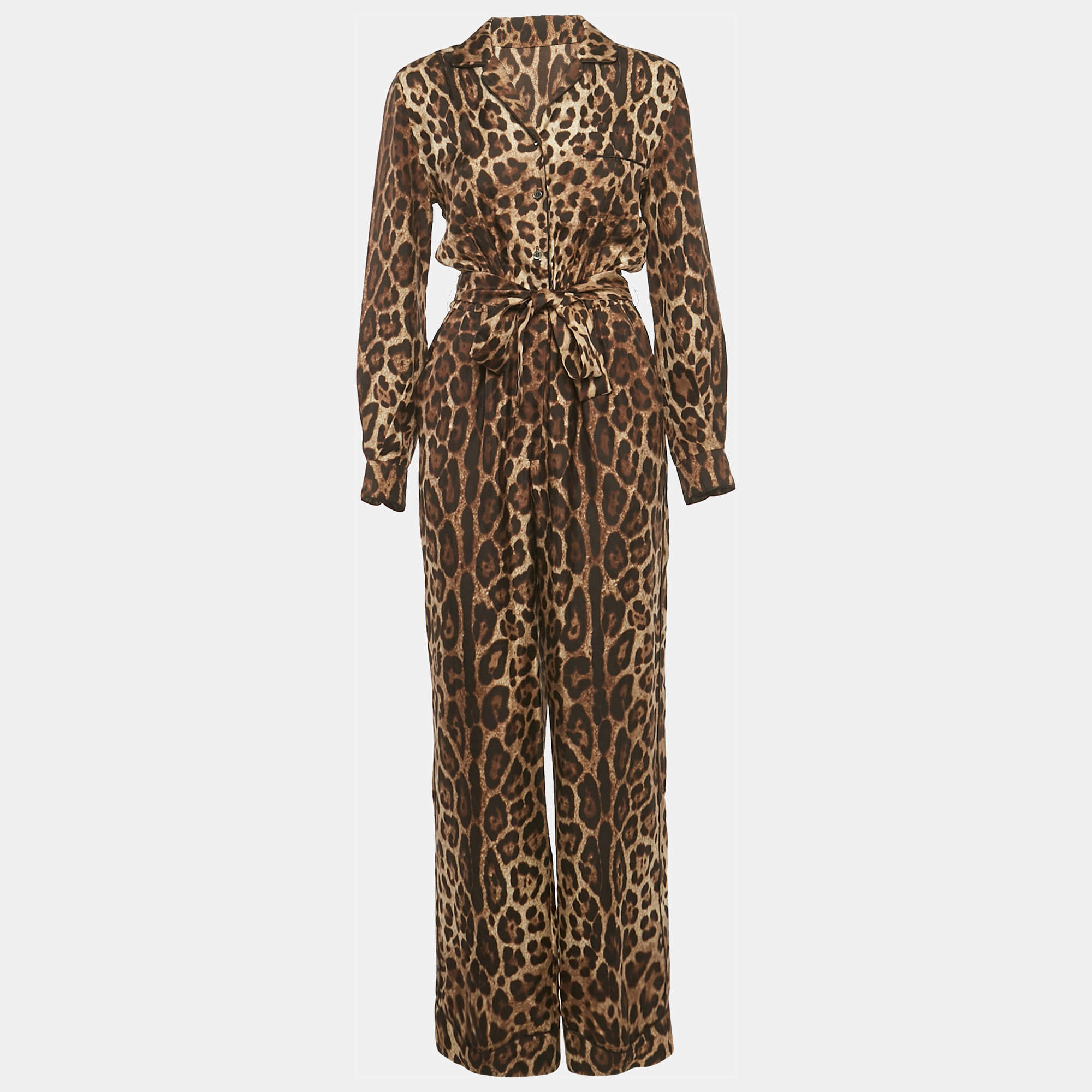 Pre Owned Dolce & Gabbana Brown Leopard Print Silk Jumpsuit S