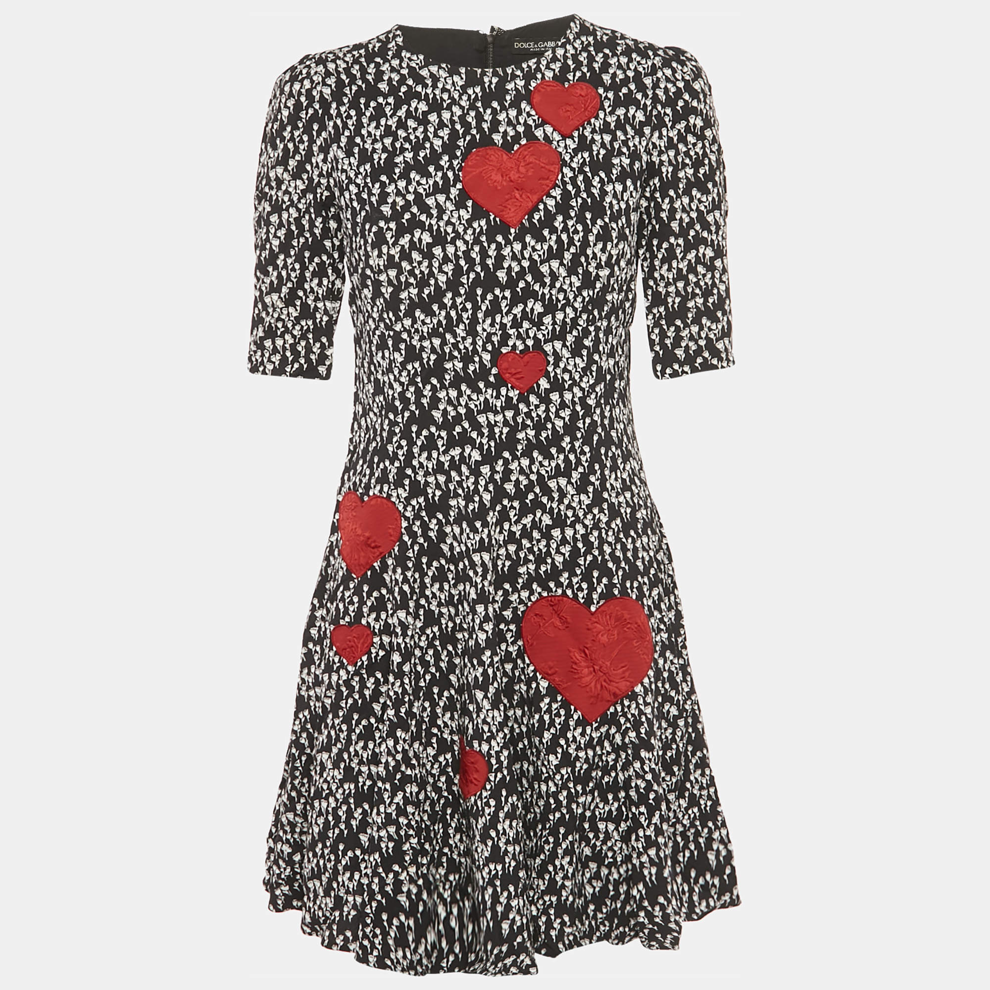 Pre Owned Dolce & Gabbana Black Printed Heart Applique Crepe Mini Dress M
