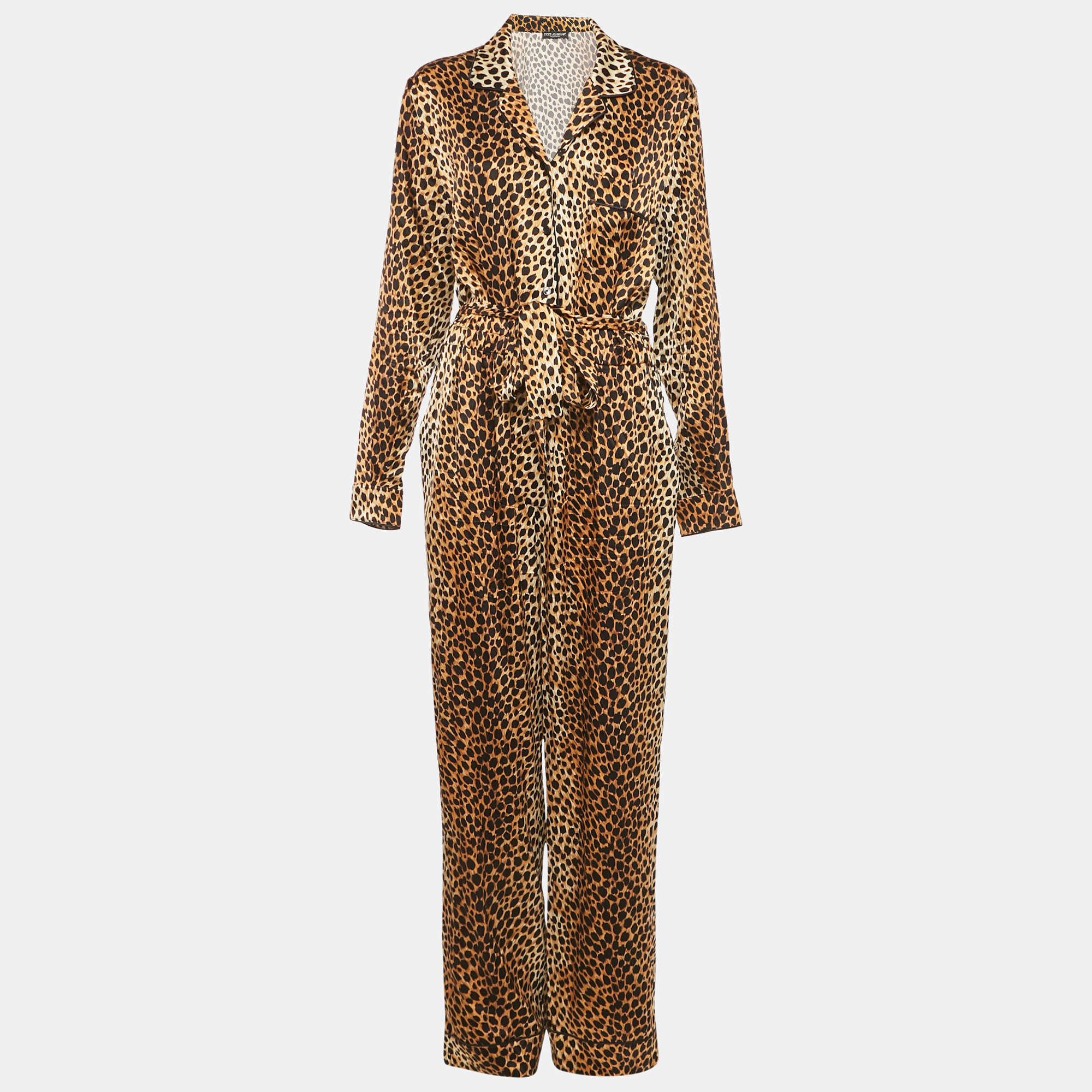 Pre Owned Dolce & Gabbana Brown Leopard Print Silk Belted Jumpsuit L