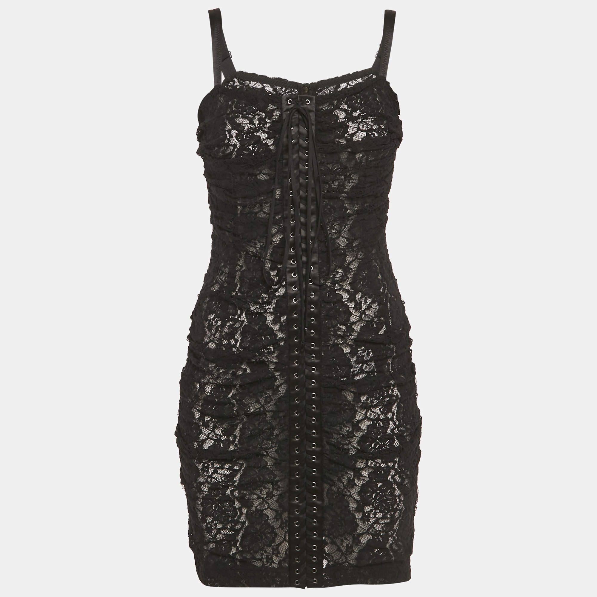 Pre Owned Dolce & Gabbana Black Lace Criss Cross Detail Sheer Mini Dress S