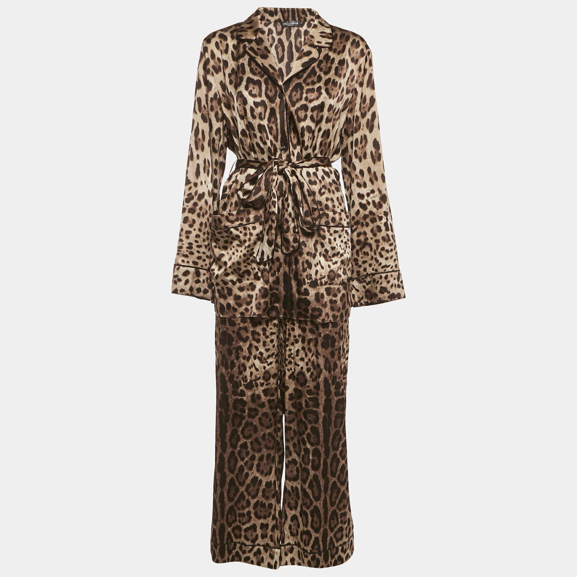 Pre Owned طقم قميص و بنطال حرير بطبعة فهد بني دولتشي آند غابانا مقاس متوسط / كبير