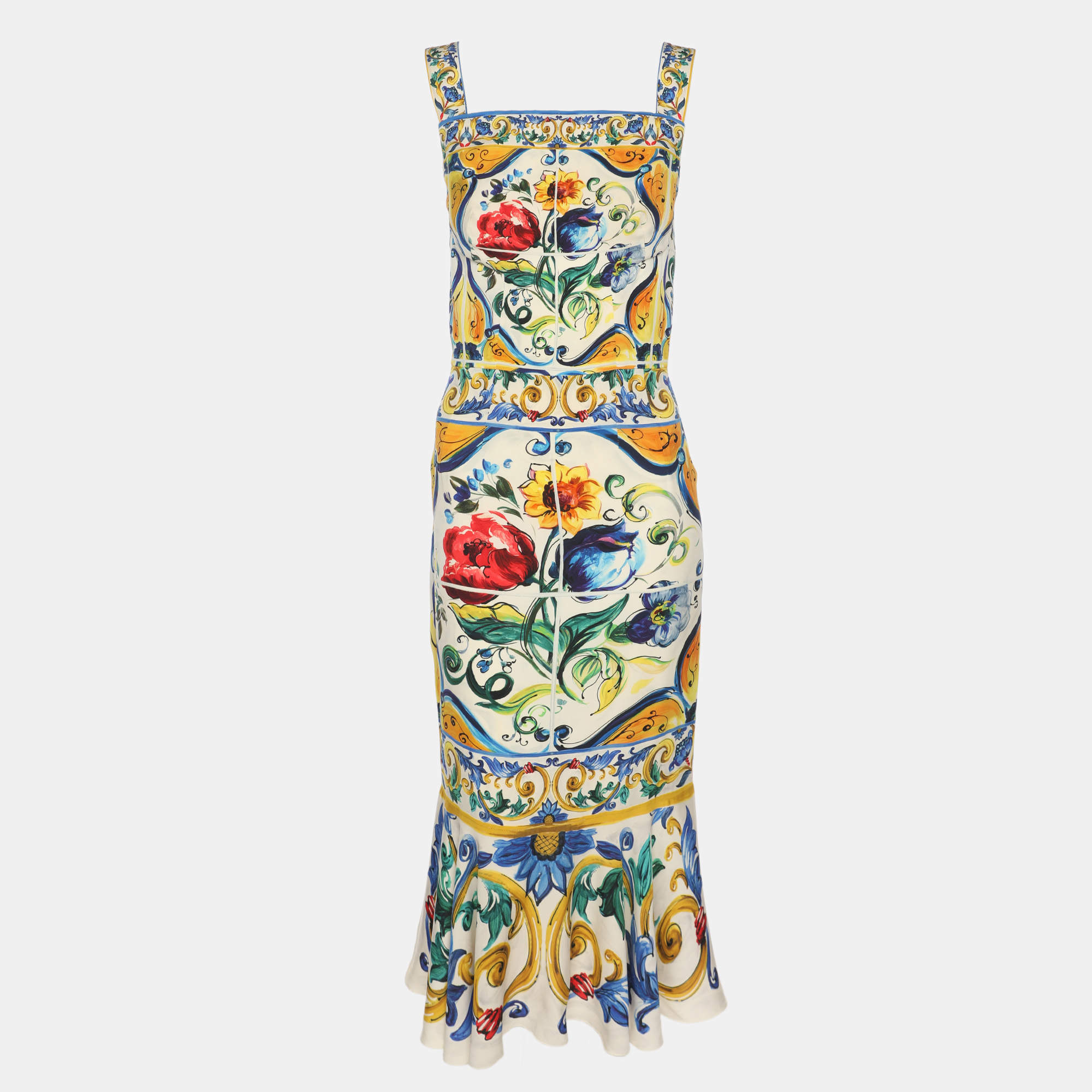 Pre Owned Dolce & Gabbana Multicolor Majolica Print Stretch Silk Midi Dress S