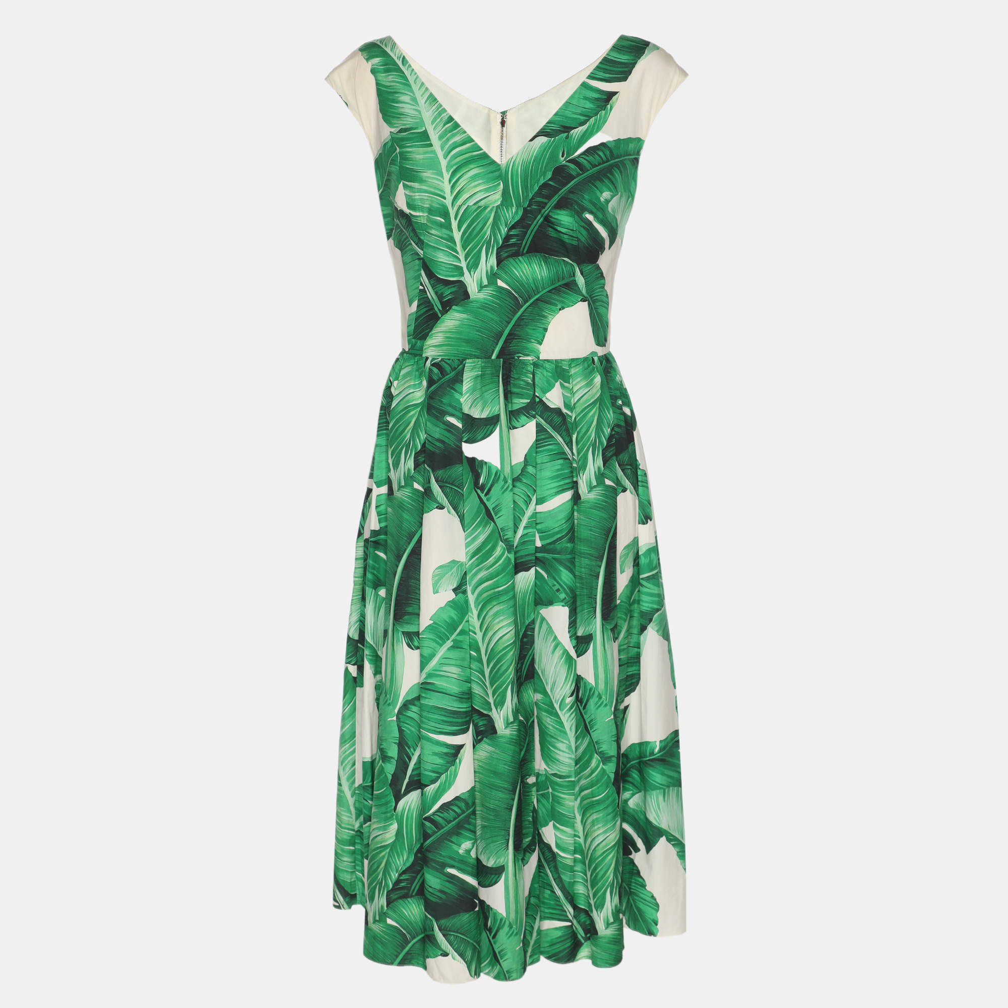 Pre Owned Dolce & Gabbana Banana Leaf Print Cotton Poplin Dress M