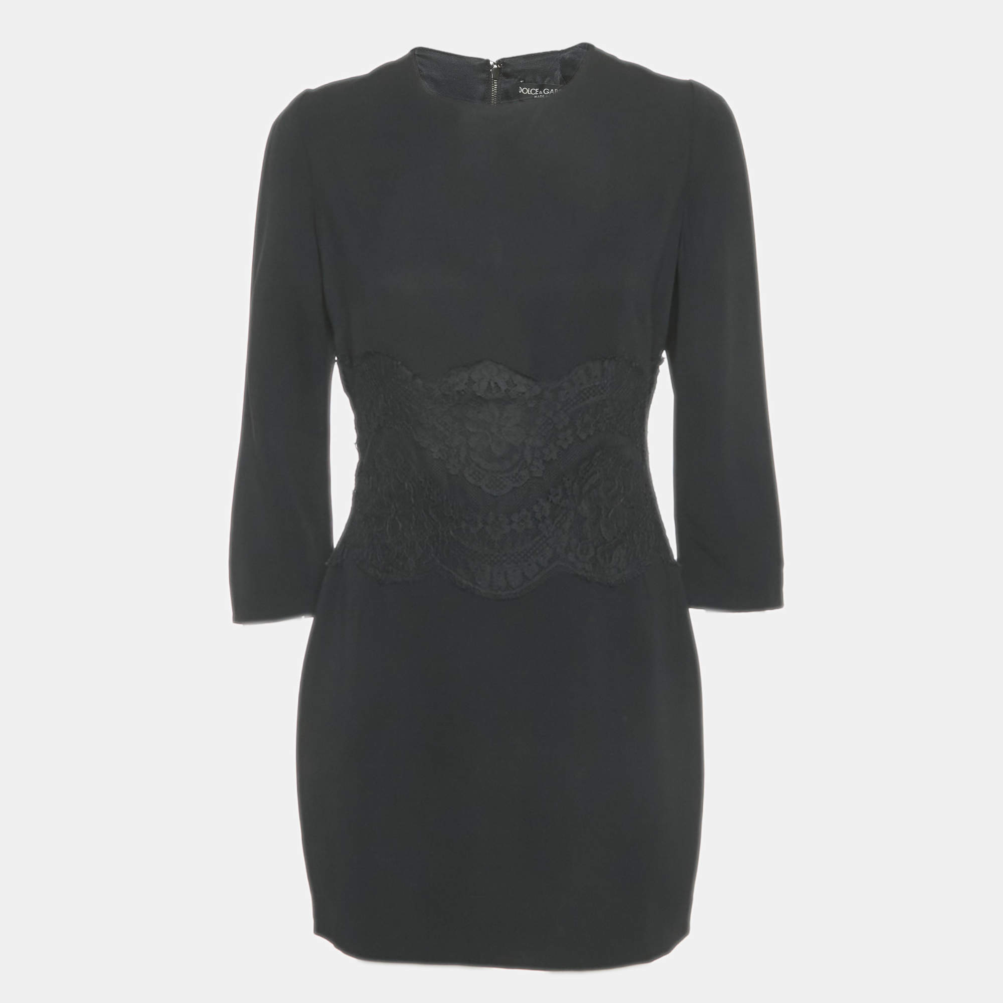 Pre Owned Dolce & Gabbana Black Crepe Lace Detail Mini Dress L
