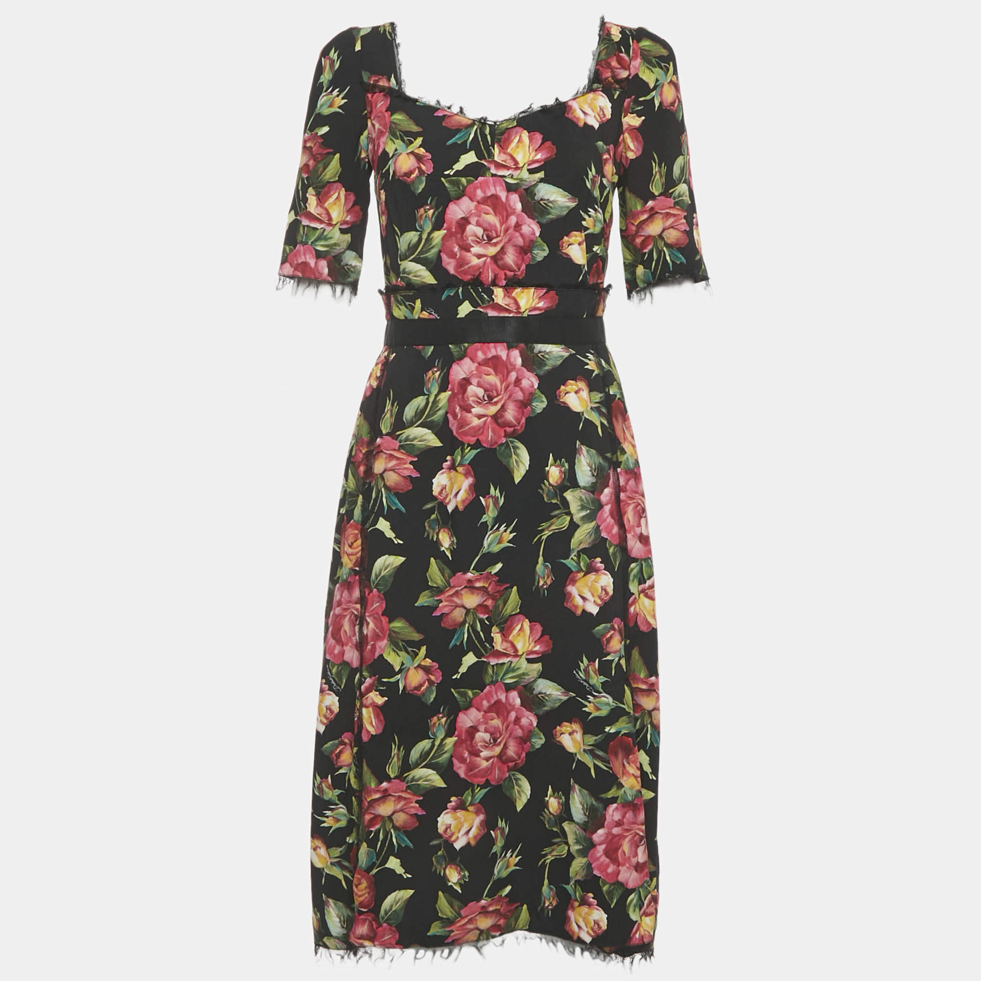 Pre Owned Dolce & Gabbana Black Floral Print Crepe Midi Dress S 