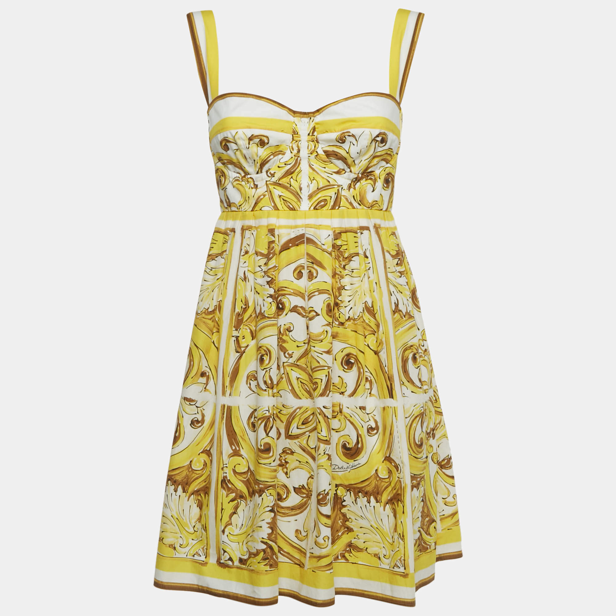 Pre Owned Dolce & Gabbana Yellow Majolica Print Cotton Mini Corset Dress S