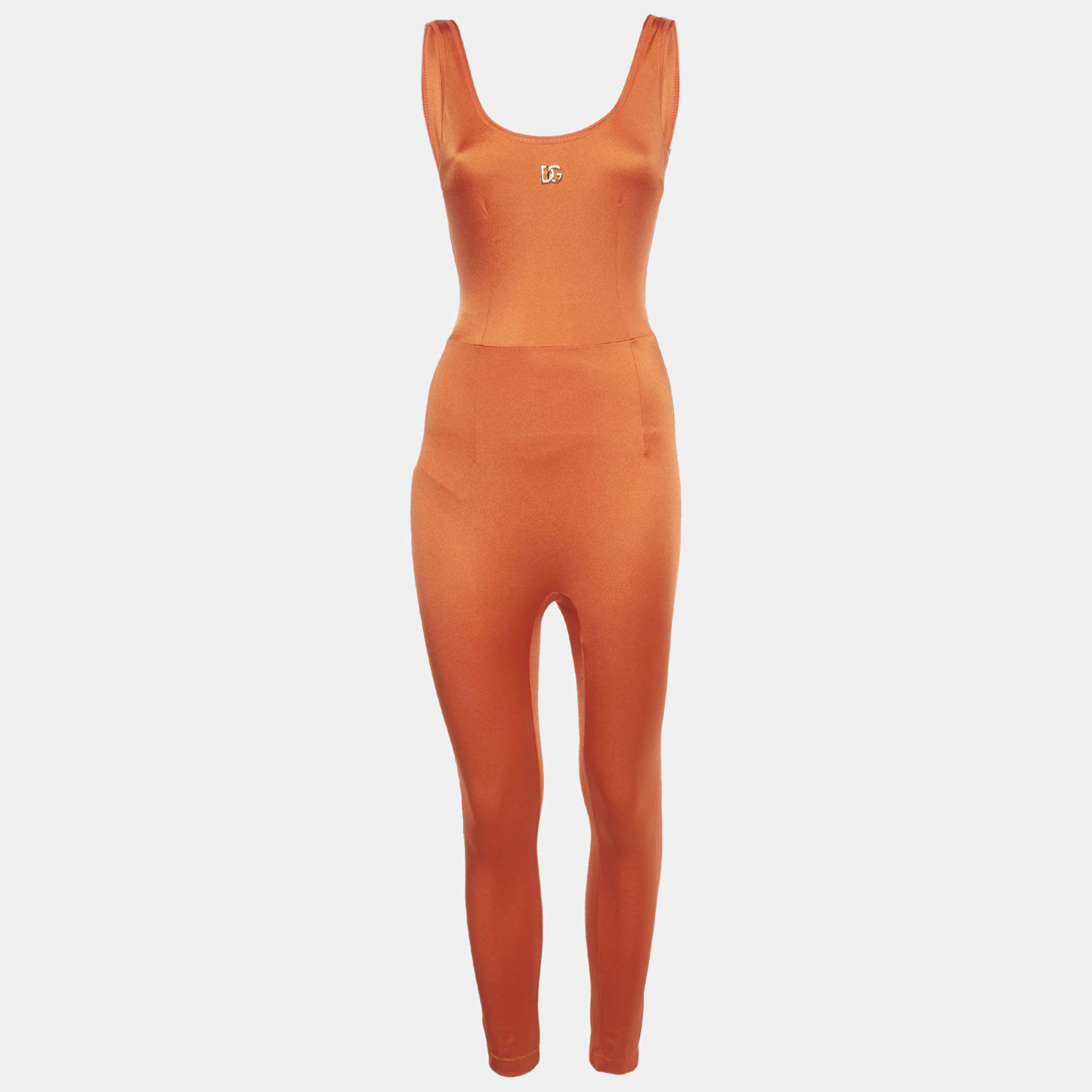 Pre Owned Dolce & Gabbana Orange Logo Jersey Sleeveless Jumpsuit XS 
