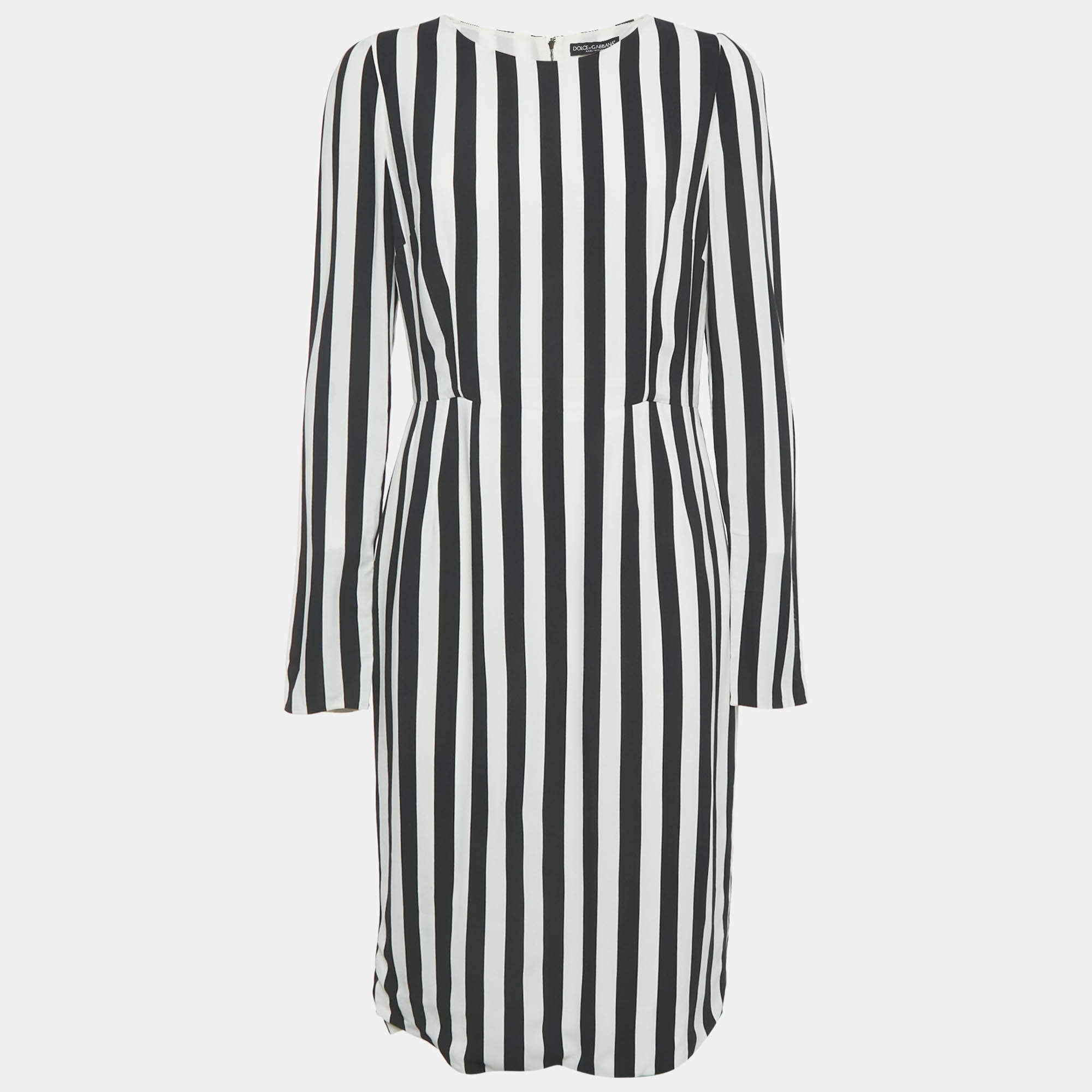 Pre Owned Dolce & Gabbana Black/White Stripe Crepe Midi Dress L