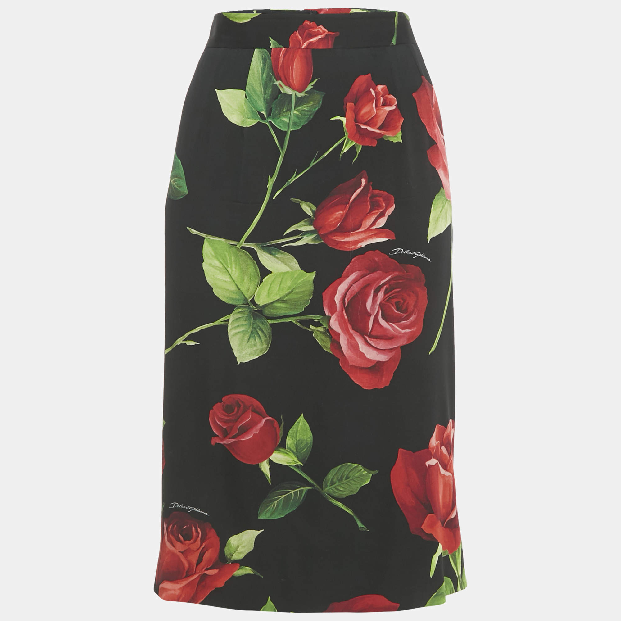 Pre Owned Dolce & Gabbana Black Rose printed Silk Pencil Skirt L
