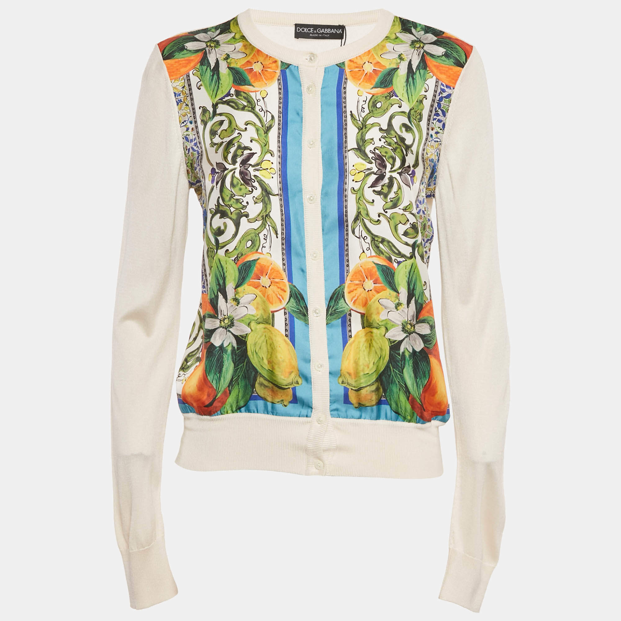 Pre Owned Dolce & Gabbana Cream Printed Silk & Knit Button Front Cardigan M
