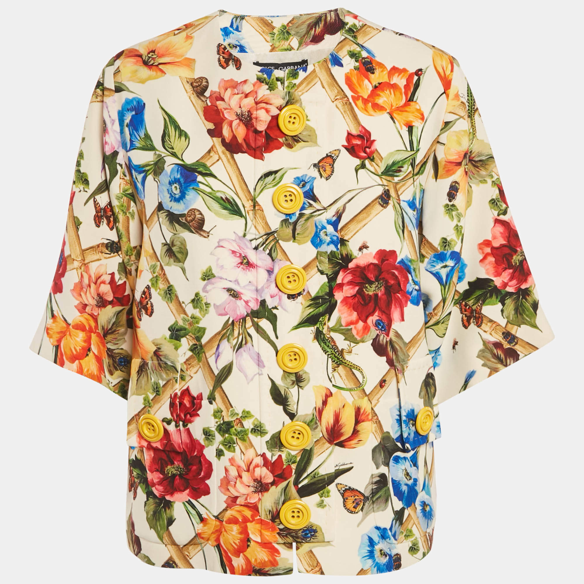 مملوكة مسبقًا جاكيت دولتشي أند غابانا كريمي مطبوع بزهور قماش كريب أزرار أمامية مقاس صغير