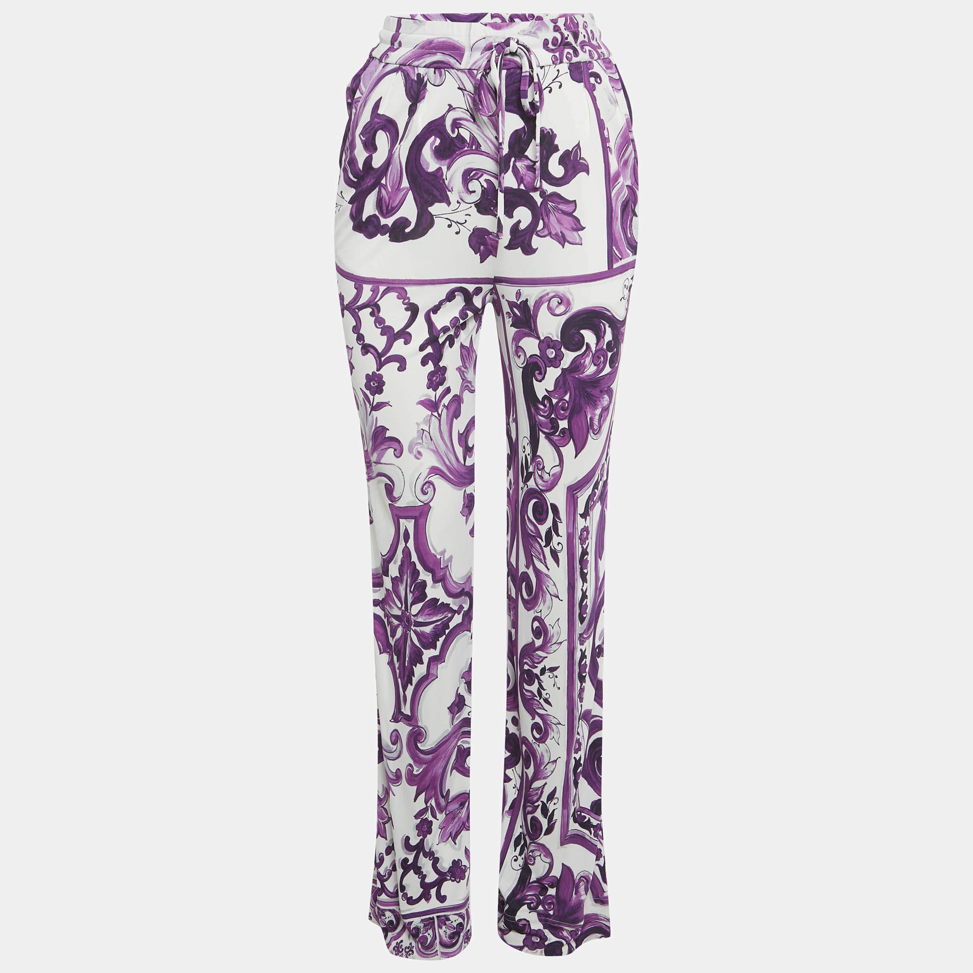 Pre Owned Dolce & Gabbana Purple Majolica Print Jersey Wide Leg Trousers XS 