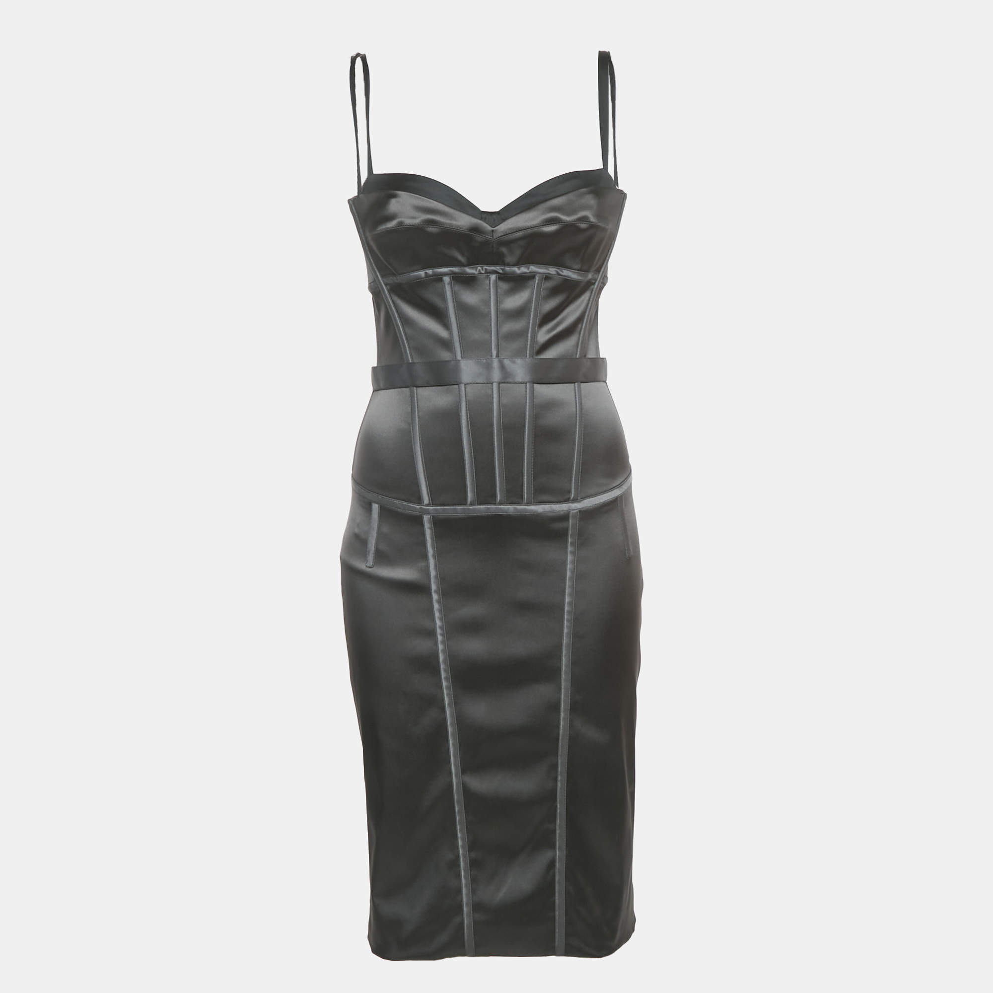 Pre Owned Dolce & Gabbana Black Satin Corset Midi Dress M