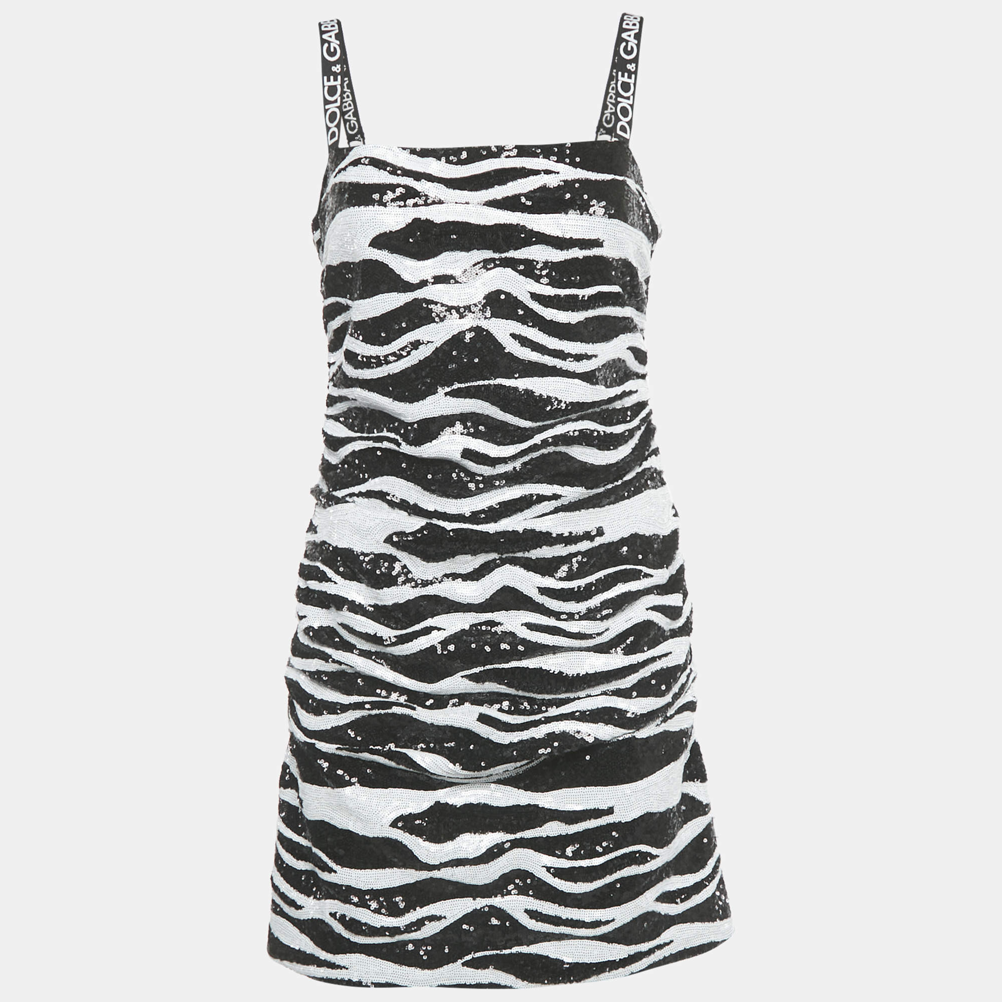 Pre Owned Dolce & Gabbana Monochrome Zebra Pattern Sequinned Mini Dress M