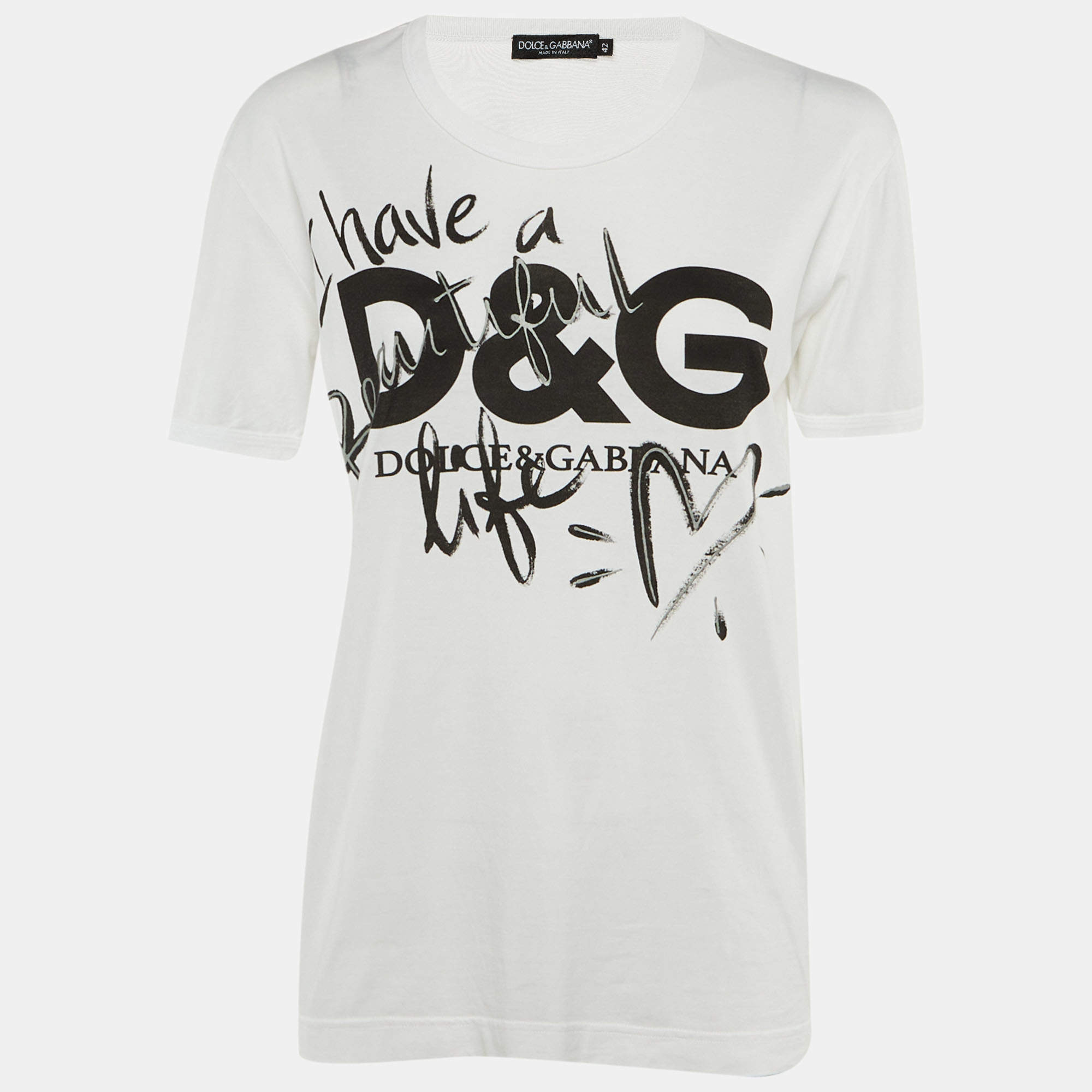 Pre Owned Dolce & Gabbana White I Have a Beautiful Life Cotton Crew Neck T-Shirt M 