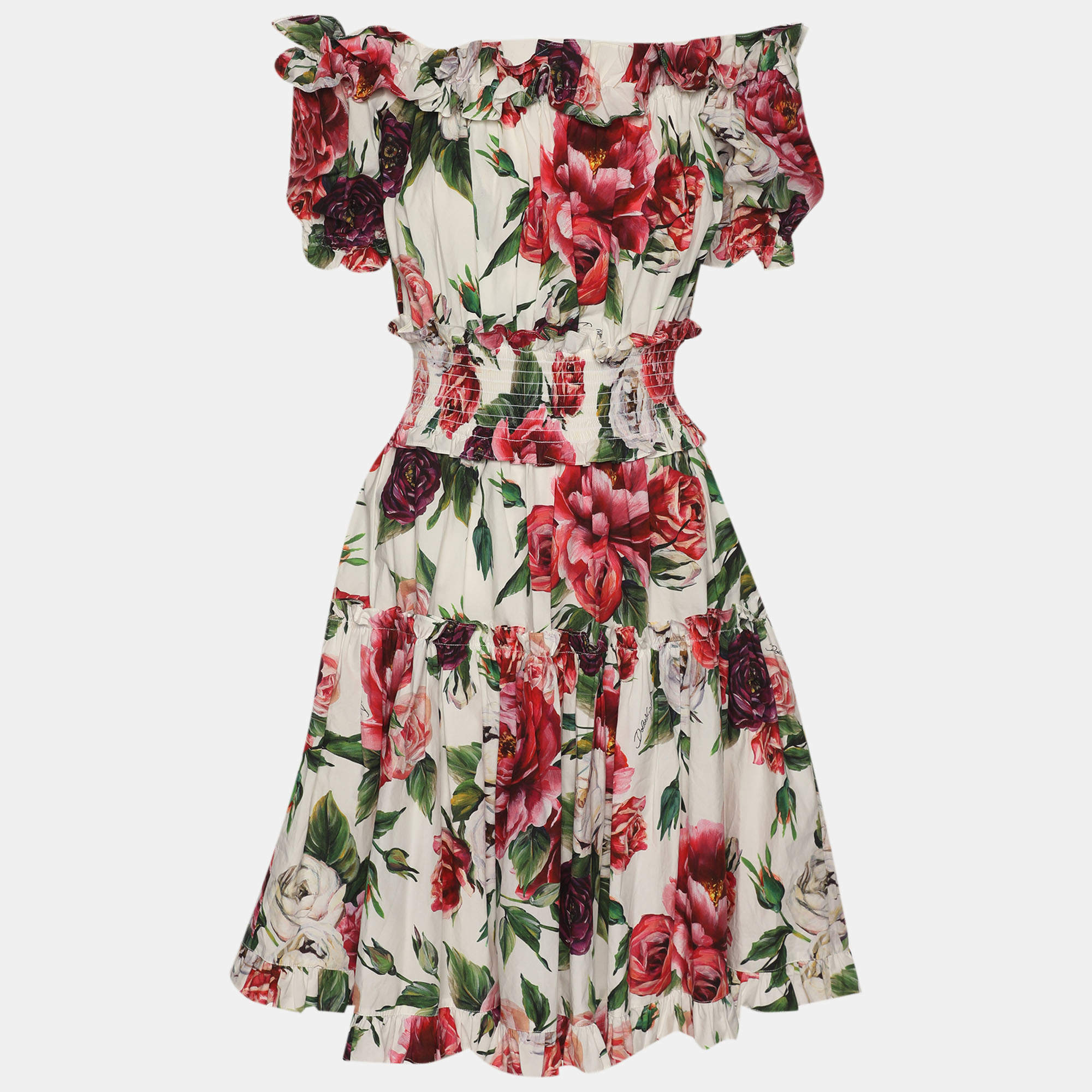 Pre Owned Dolce & Gabbana Multicolor Floral Print Cotton Ruffled Midi Dress XS