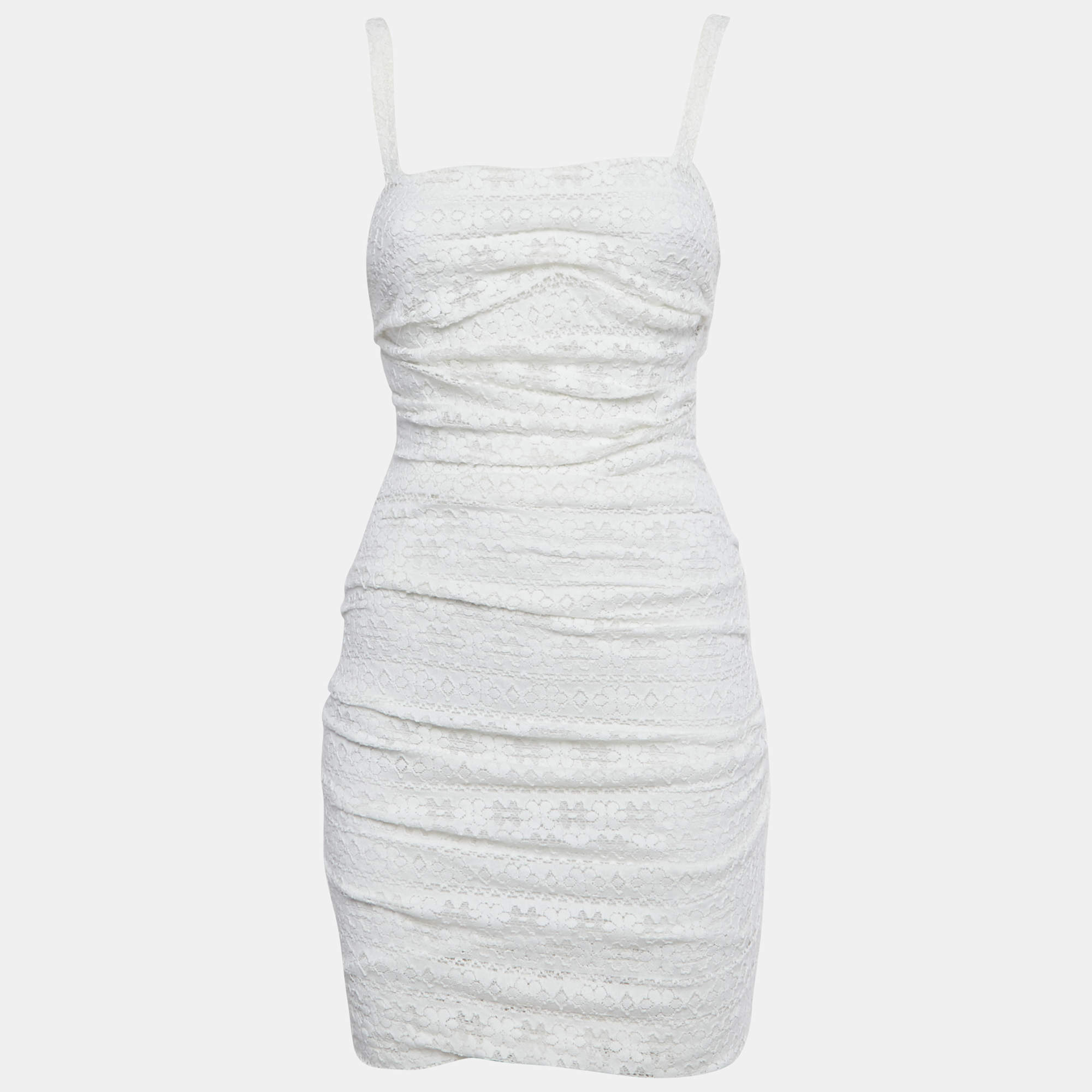 Pre Owned Dolce & Gabbana White Lace Ruched Sleeveless Mini Dress M