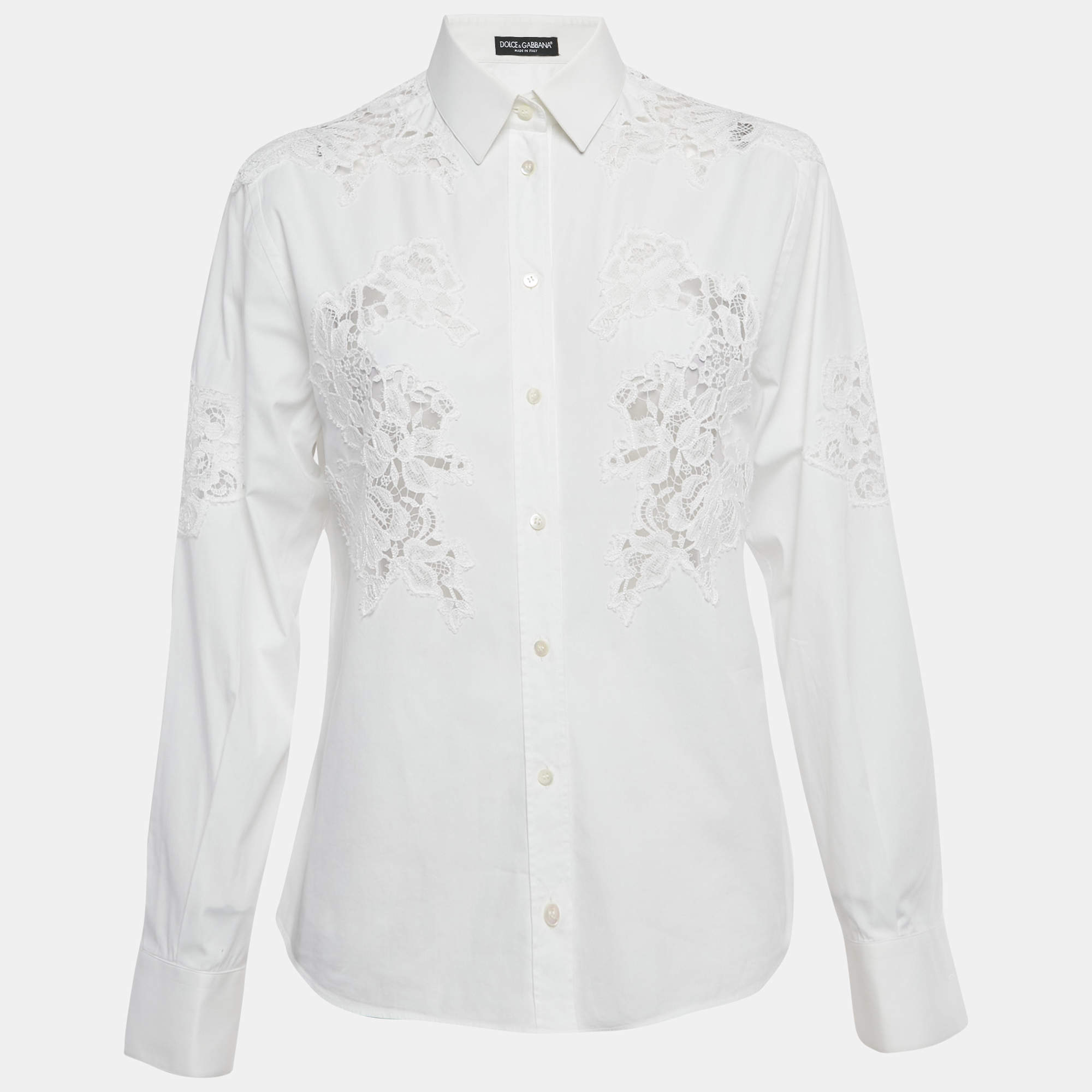 Pre Owned Dolce & Gabbana White Lace Trim Cotton Long Sleeve Shirt S