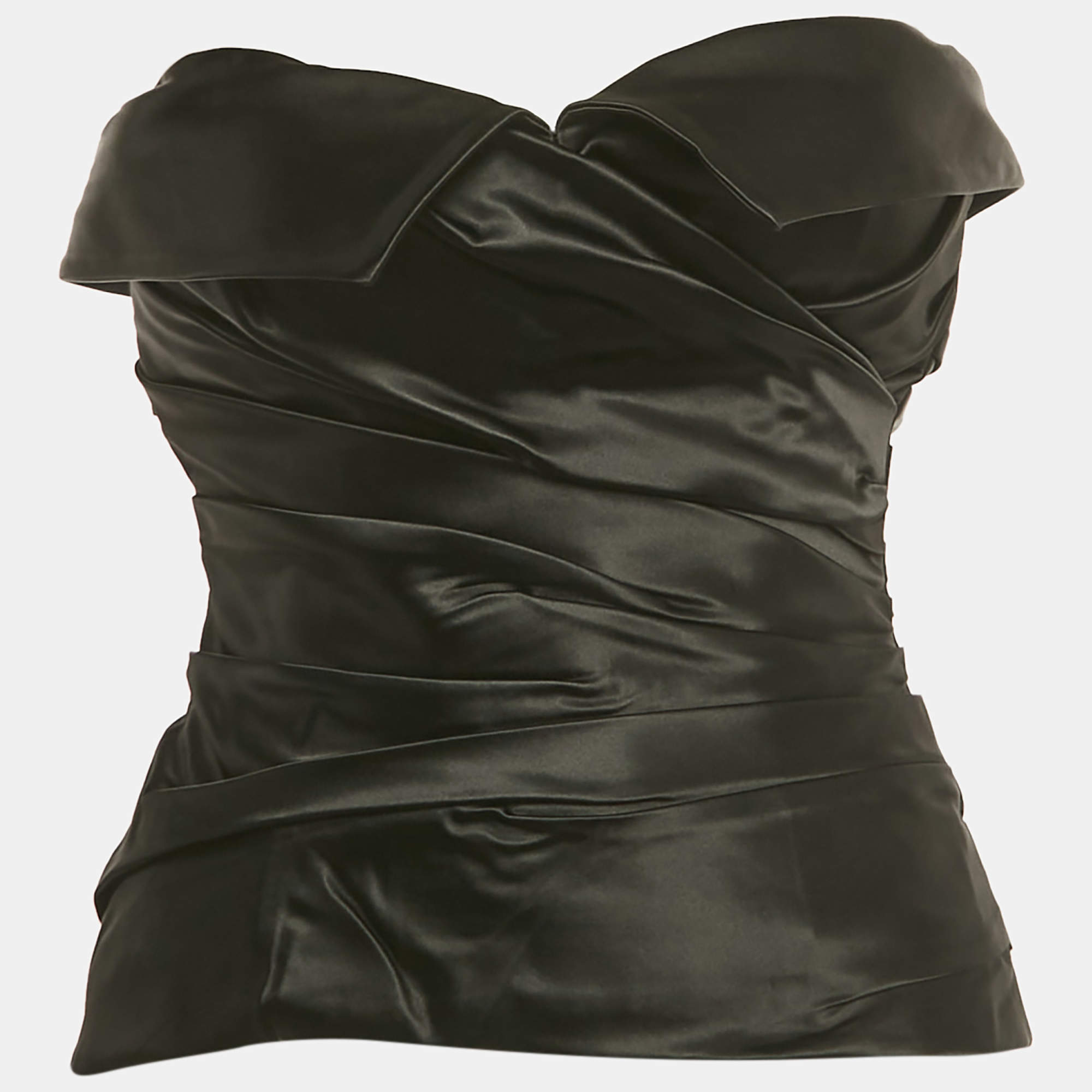 Pre Owned Dolce & Gabbana Black Satin Ruched Strapless Corset Top S