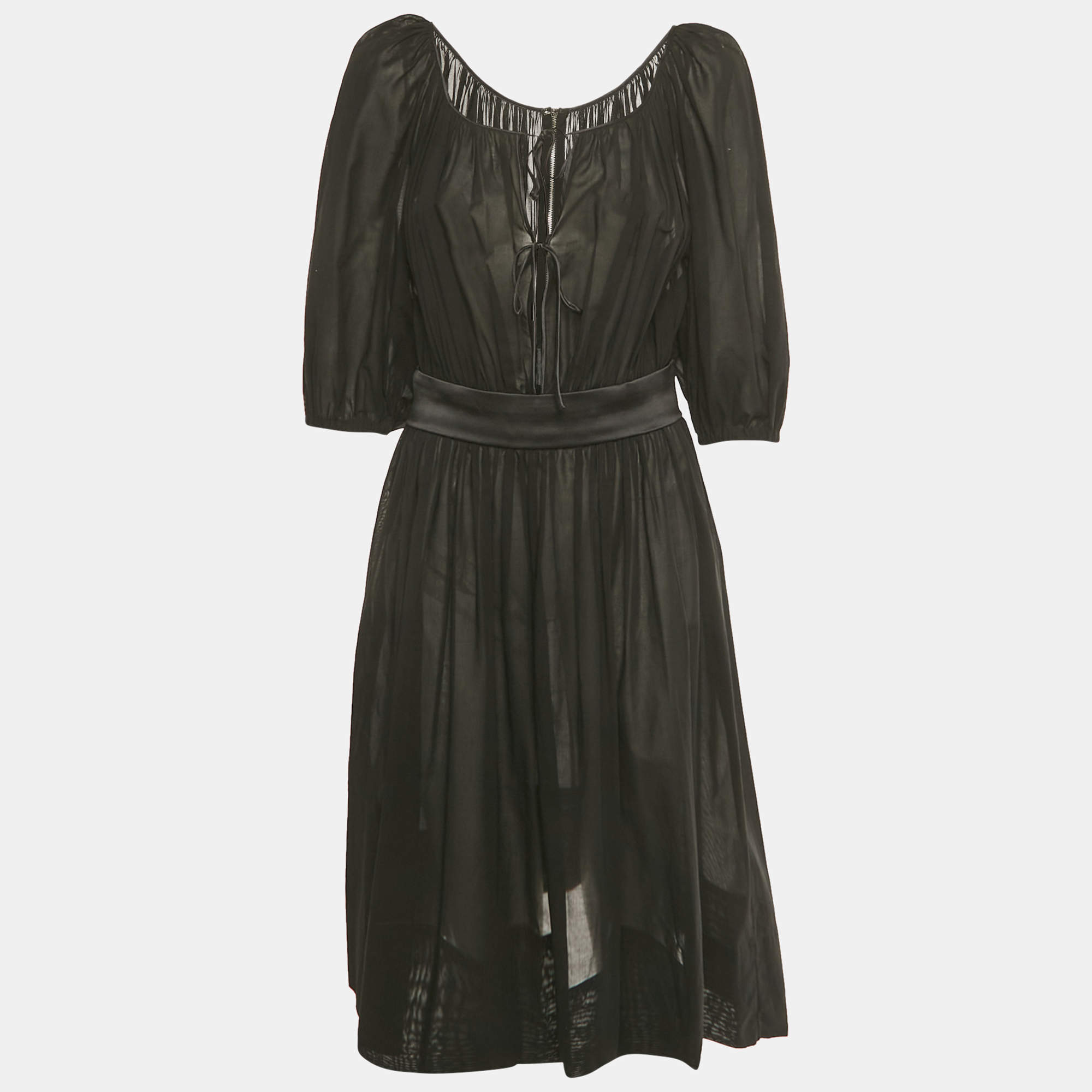 Pre Owned Dolce & Gabbana Black Cotton Belt Detail Flared Midi Dress M