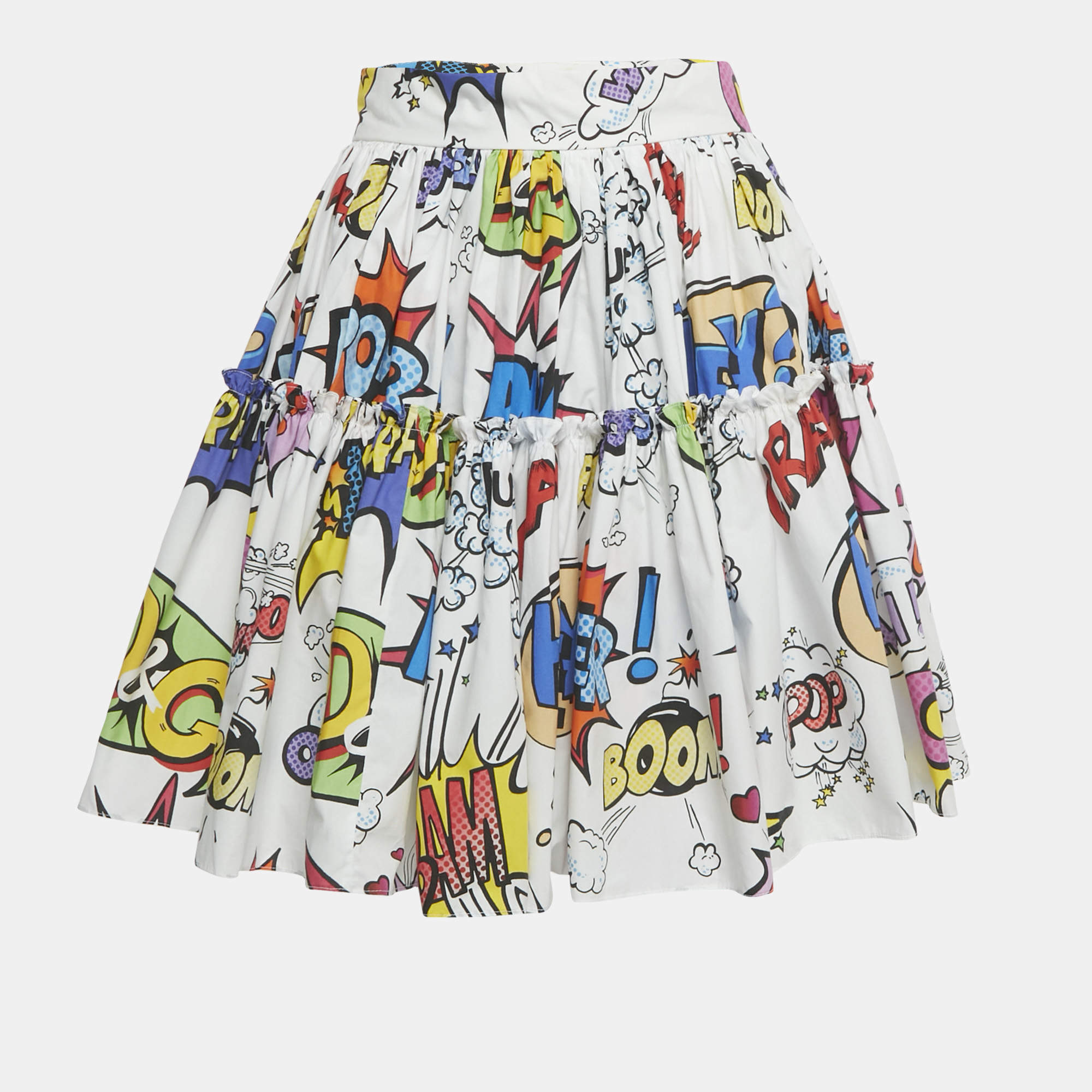 Pre Owned Dolce & Gabbana White Comic Print Poplin Tiered Mini Skirt S
