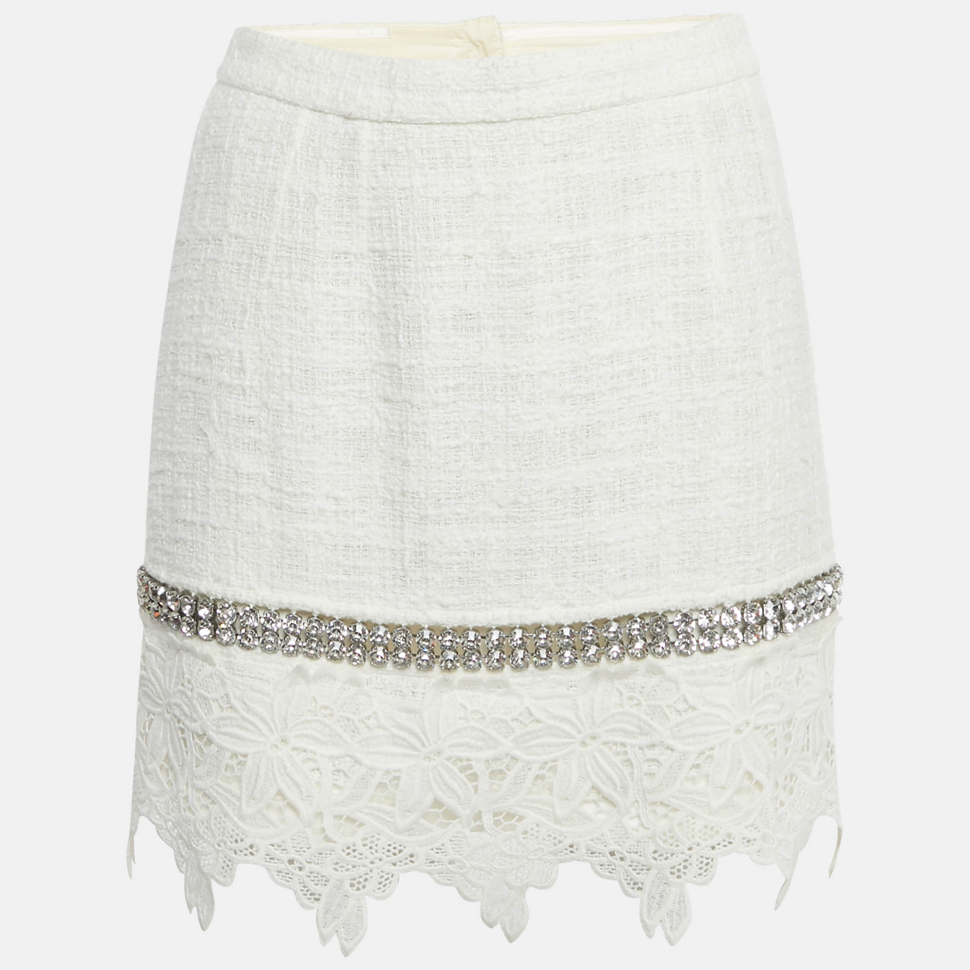 Pre Owned Dolce & Gabbana White Lace Crystal Detail Mini Skirt M