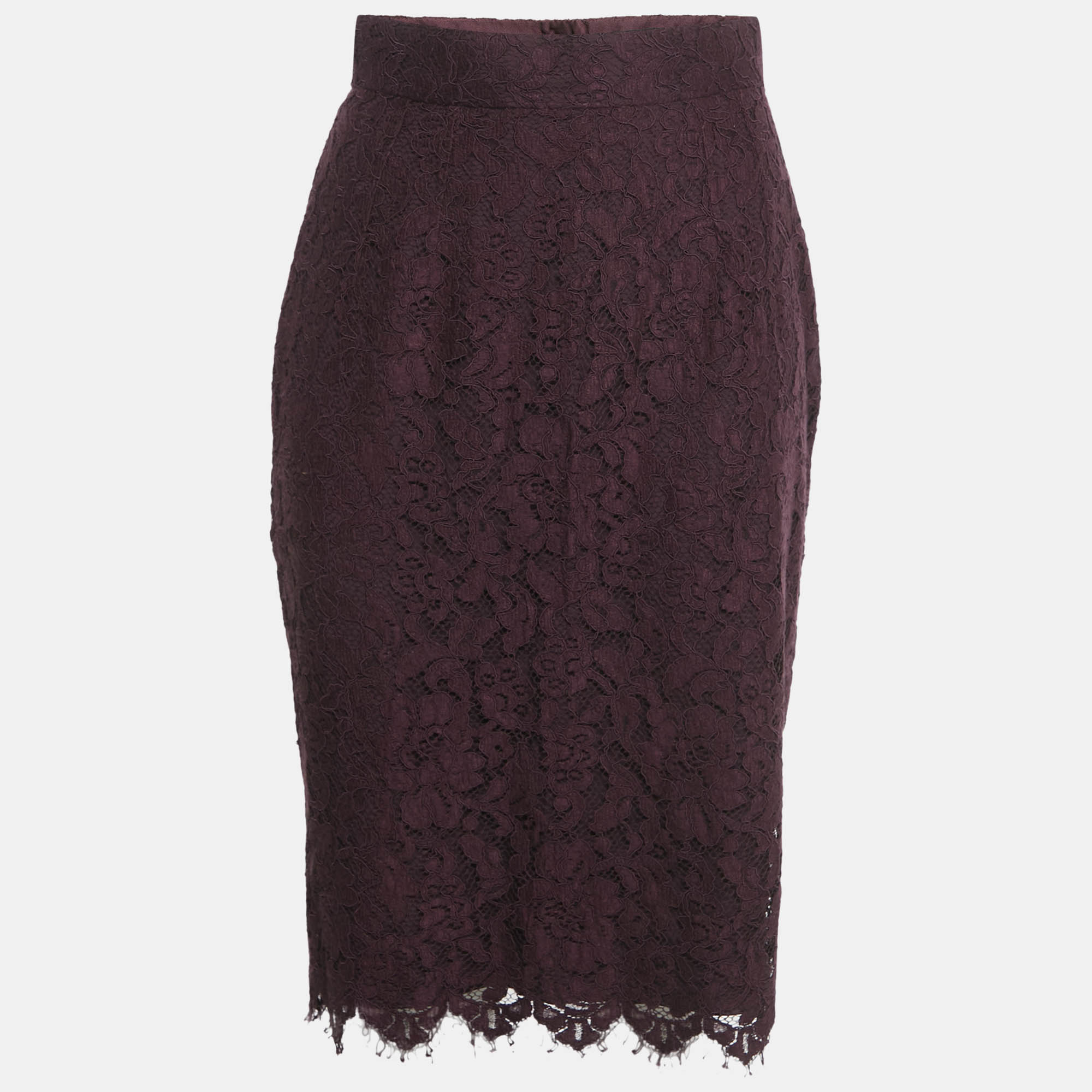 Pre Owned Dolce & Gabbana Plum Lace Midi Skirt M