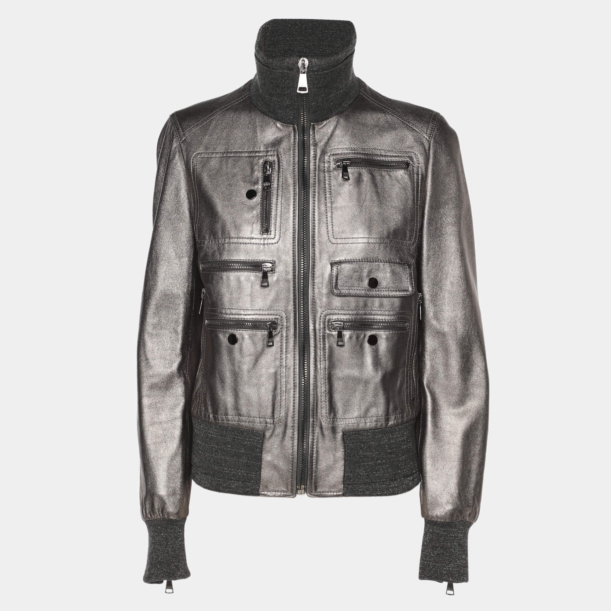 Pre Owned Dolce & Gabbana Metallic Leather and Wool Zip Jacket S