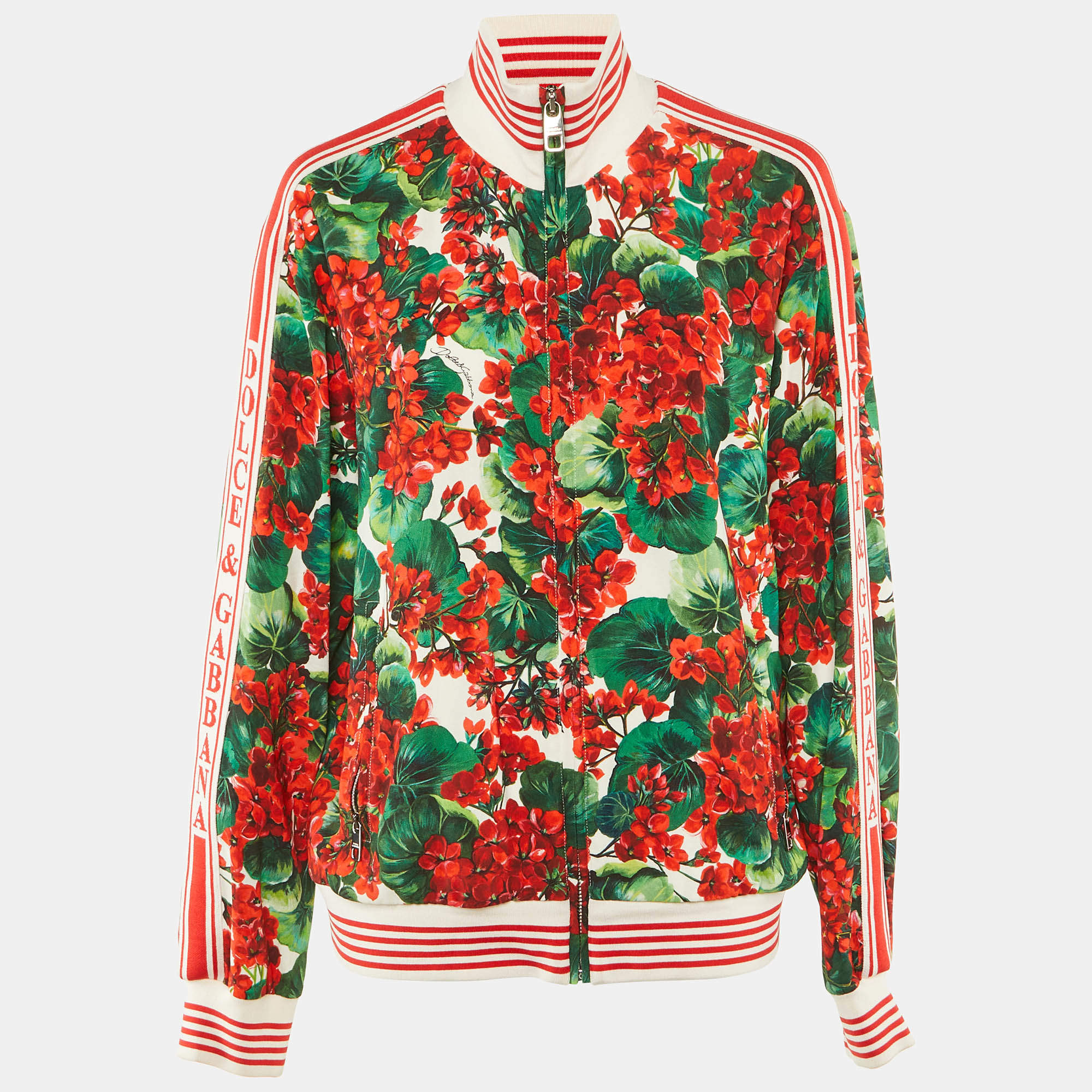 Pre Owned Dolce & Gabbana Red Floral Print Crepe Bomber Jacket M