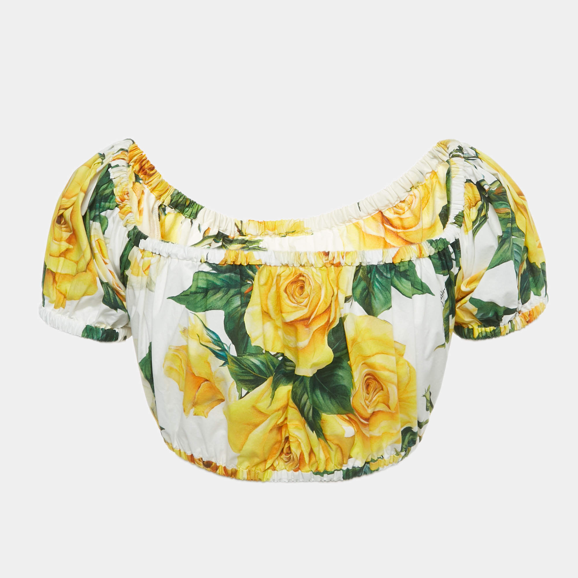 Pre Owned Dolce & Gabbana Yellow Rose Print Cotton Crop Top and Shorts Set XS