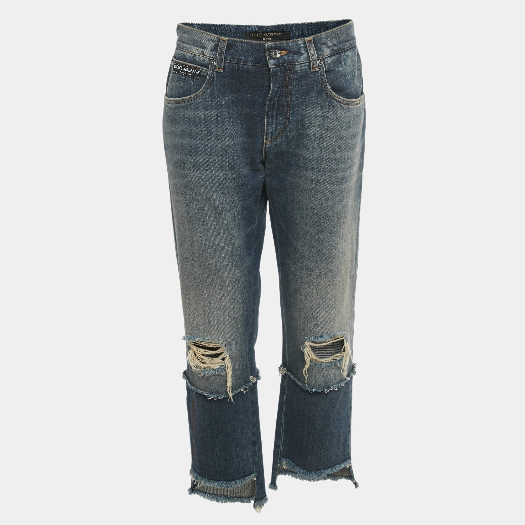 Pre Owned Dolce & Gabbana Blue Distressed Cropped Straight Fit Denim Jeans M Waist 30"