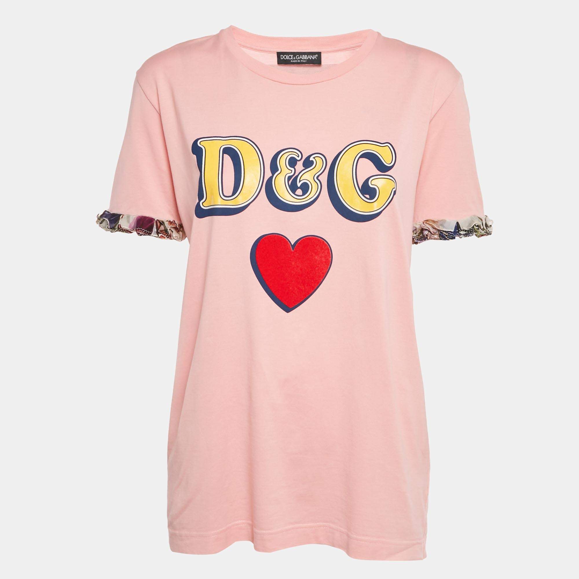 Pre Owned Dolce & Gabbana Pink Logo Print Jersey Crewneck T-Shirt M