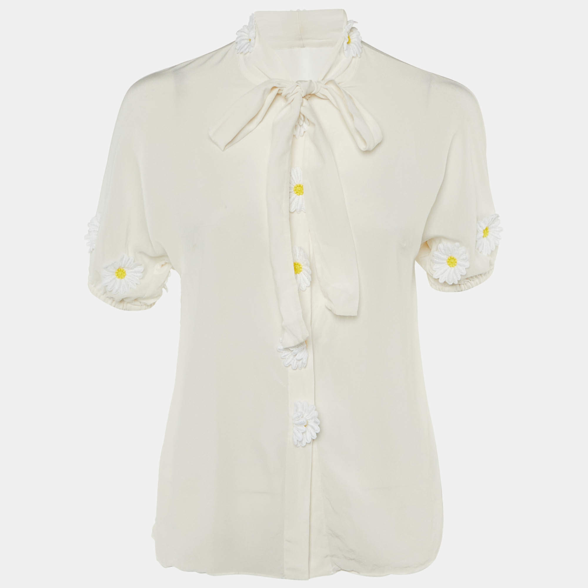 Pre Owned Dolce & Gabbana Off White Silk Daisy Appliqued Blouse M