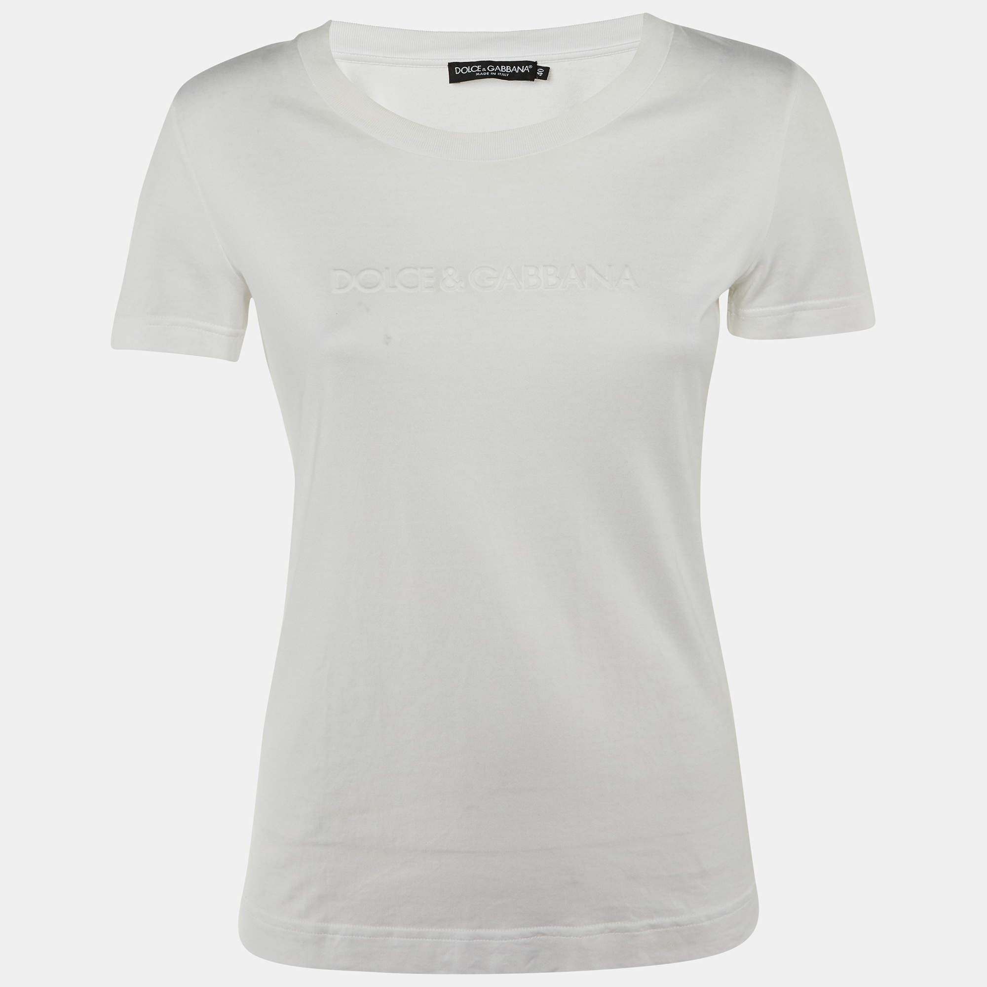 Pre Owned Dolce & Gabbana White Cotton Logo Embossed Crew Neck T-Shirt S