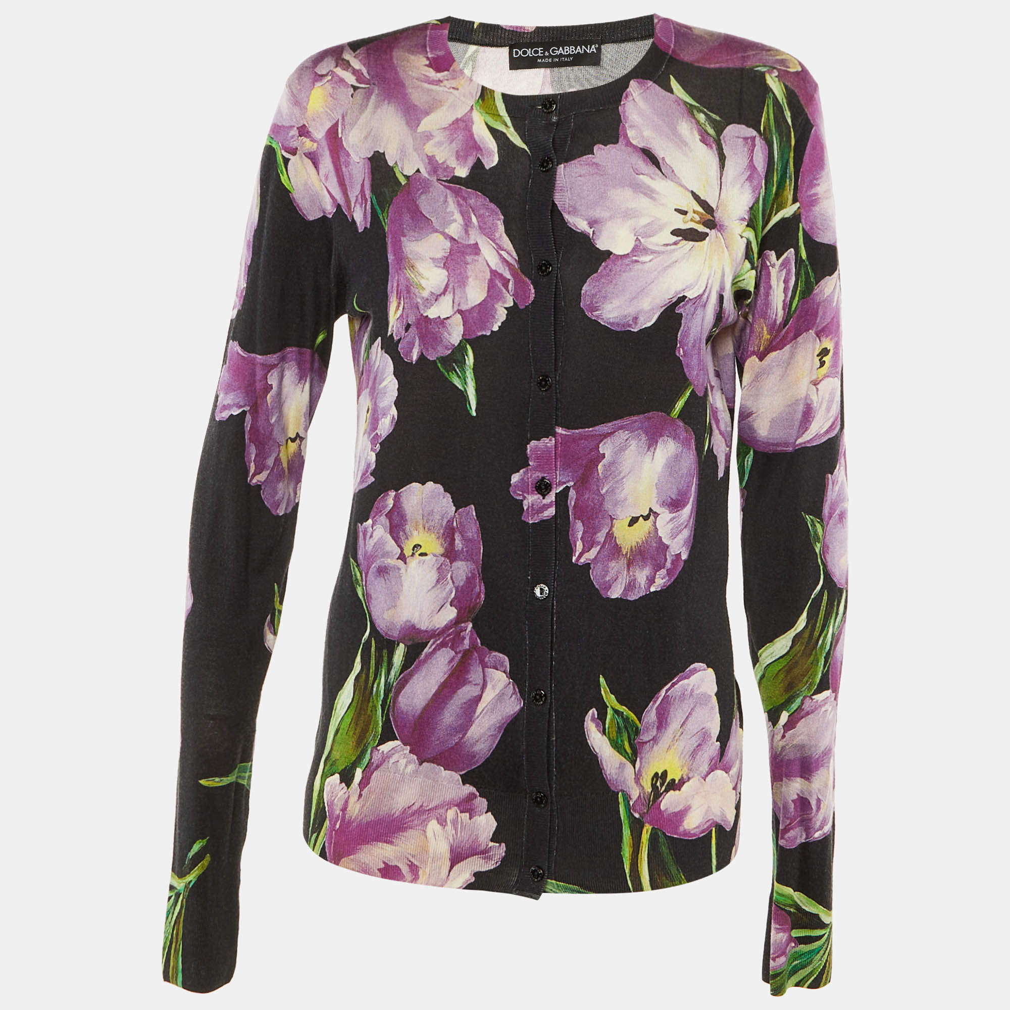 Pre Owned Dolce & Gabbana Black Floral Print Cashmere & Silk Cardigan L 