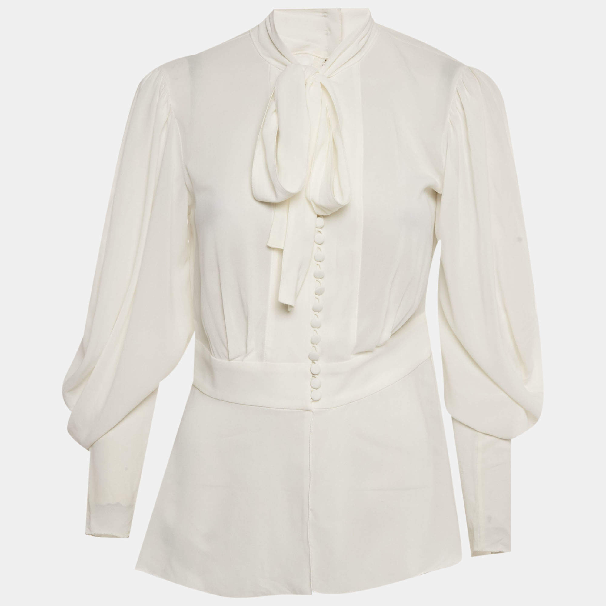 Pre Owned Dolce & Gabbana White Crepe Tie-Up Neck Blouse M
