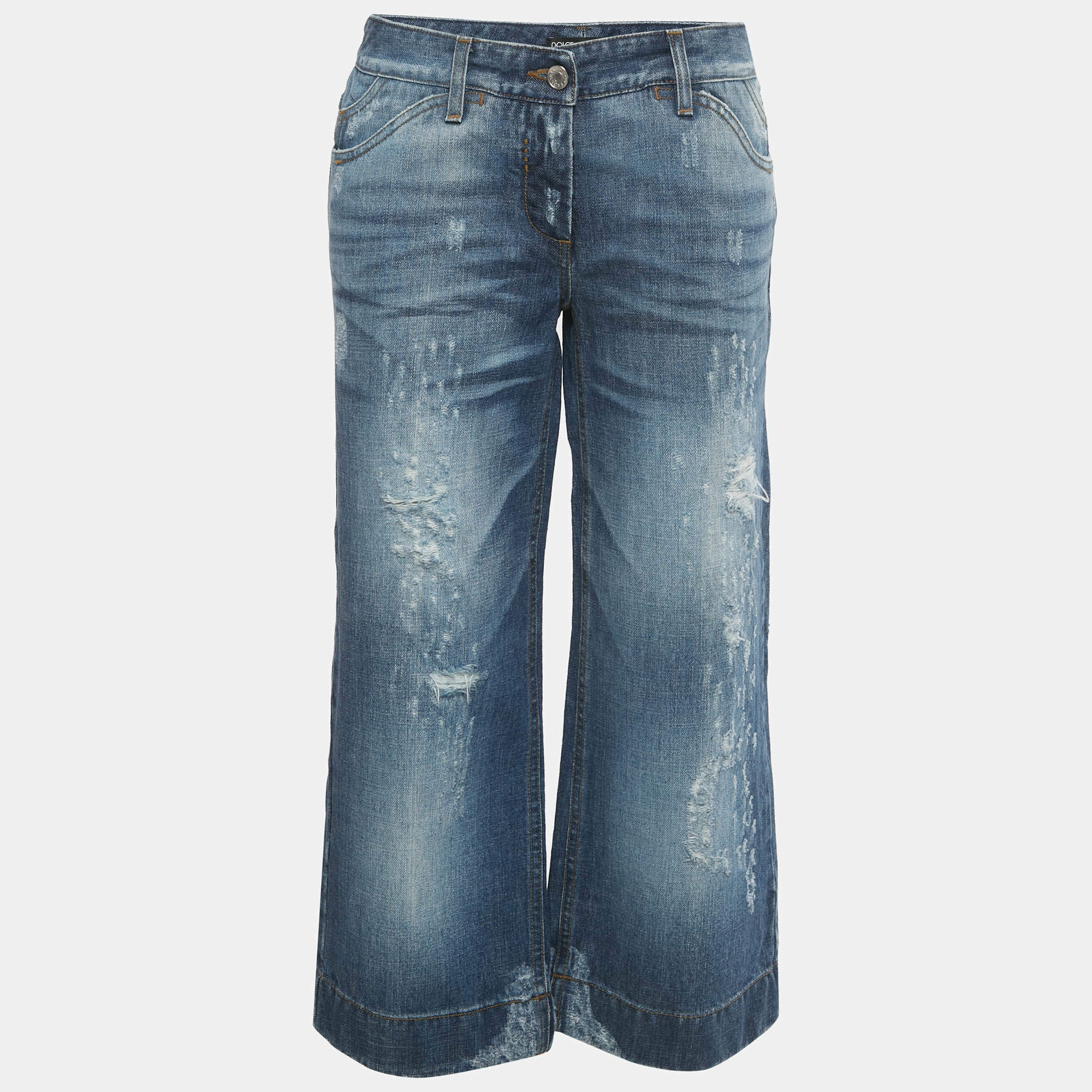 Pre Owned Dolce & Gabbana Blue Distressed Denim Capri Jeans M/Waist 32"