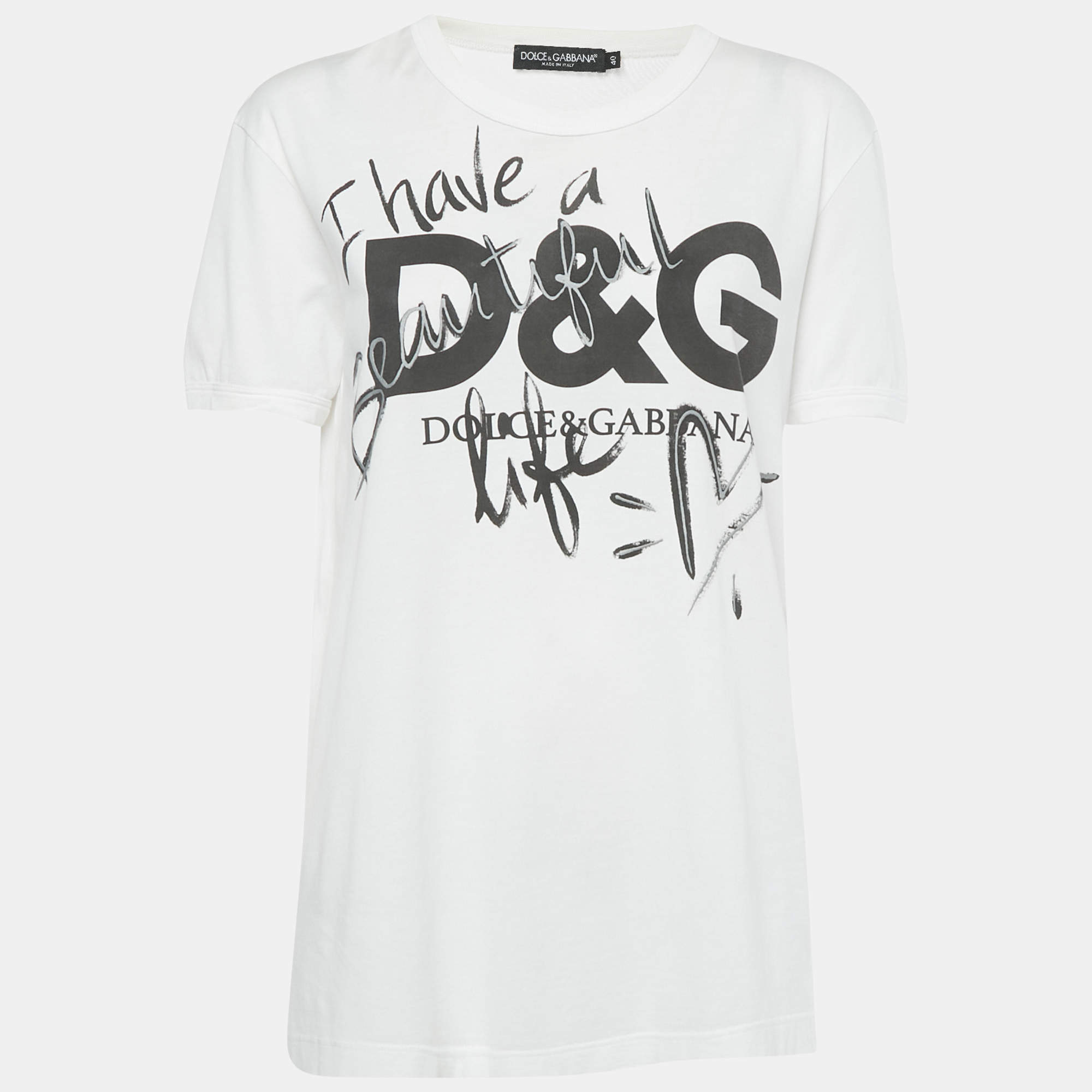 Pre Owned Dolce & Gabbana White Printed Cotton T-Shirt S