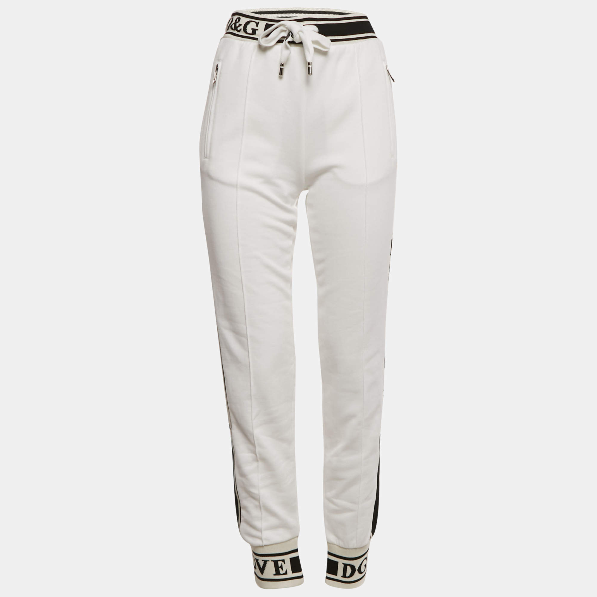 Pre Owned Dolce & Gabbana White Logo Band Cotton Track Pants S