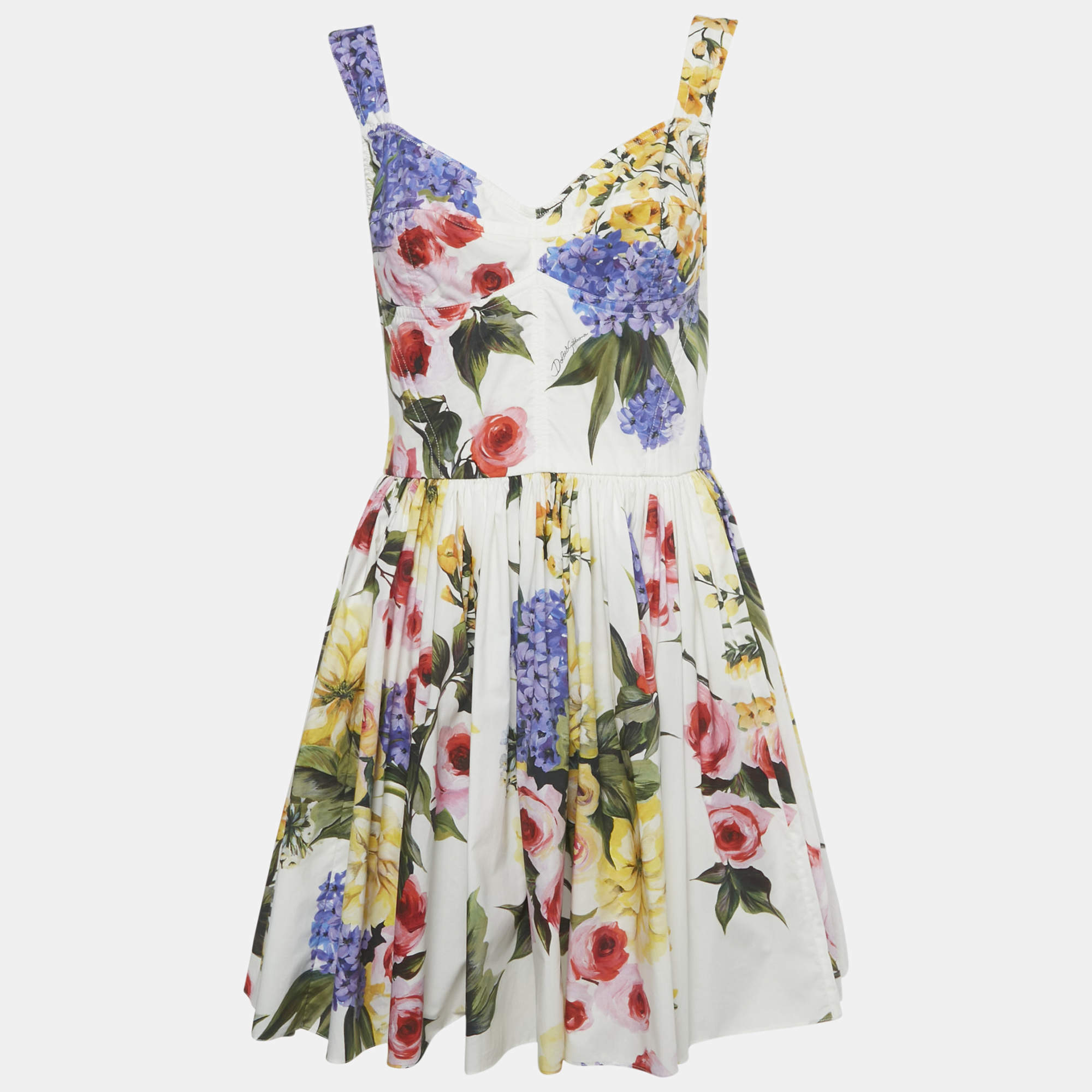 Pre Owned Dolce & Gabbana White Floral Print Cotton Blend Mini Dress M